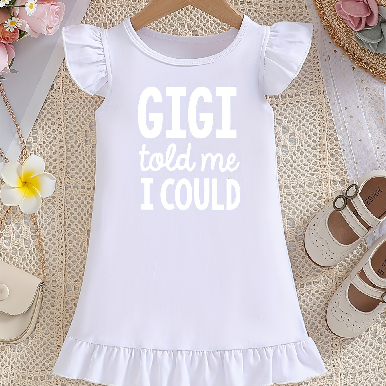 

Baby Girls' Ruffle Sleeve Round Neck Dress, Cotton Loose-fit Fashion Cartoon Gigi Told Me I Could Letter Print, Cute Style