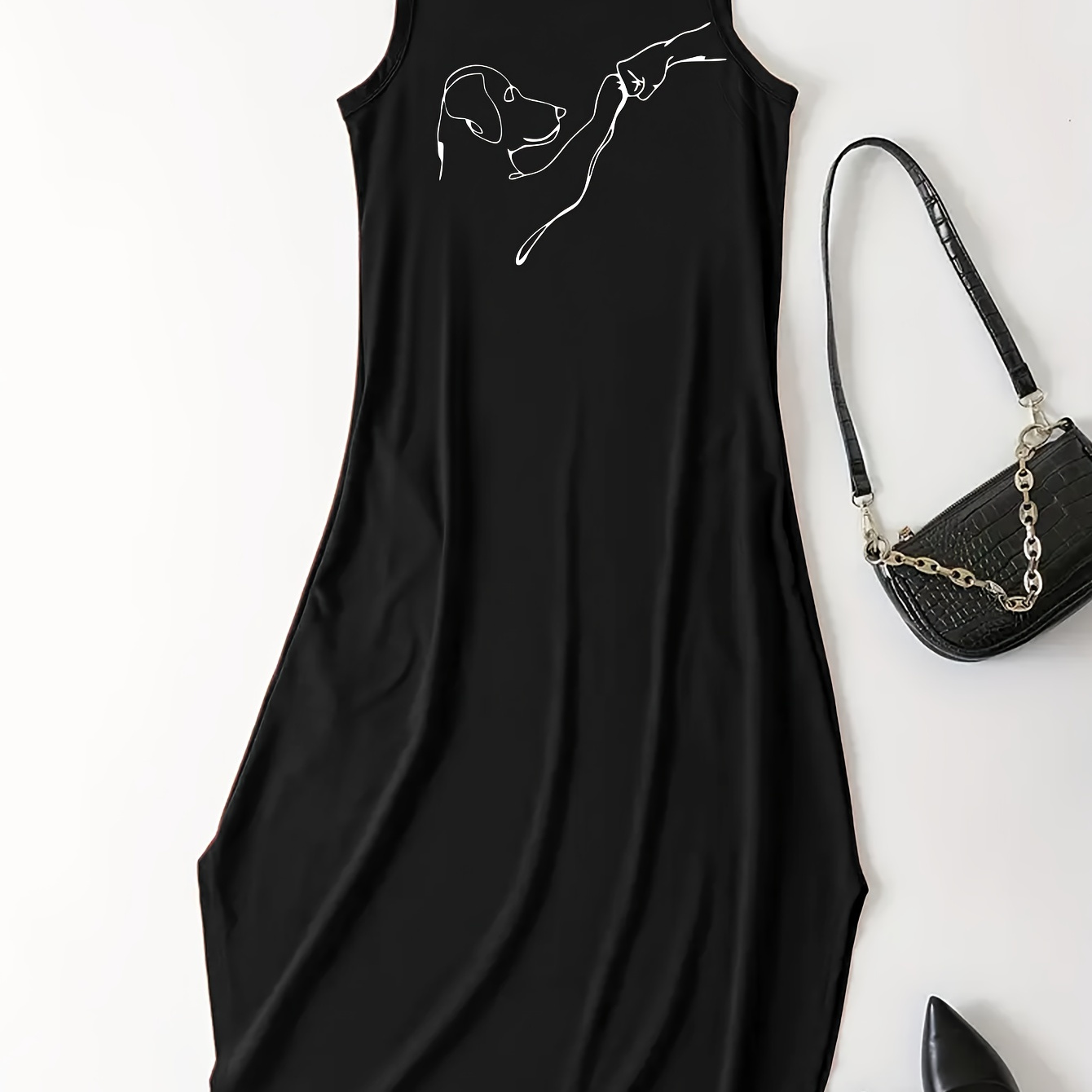 

1pc Women's Summer Sleeveless Dress, Casual Round Neck Polyester Knit With Embroidered Print, Lightweight 180g/m² Fabric, Adult Fashion