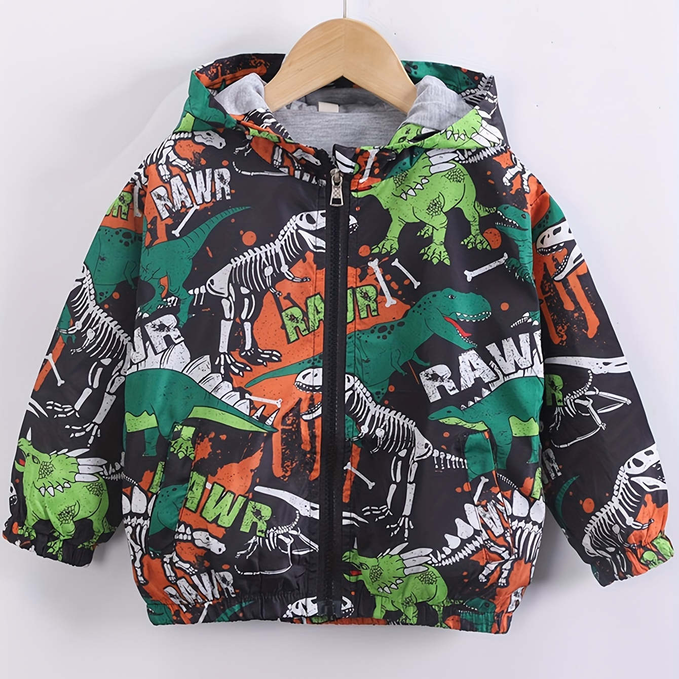 

Boys Cartoon Dinosaur Allover Print Windbreaker Hooded Jacket, Long Sleeve Zip Up Water Resistant Jacket, Boys Clothes Outdoor