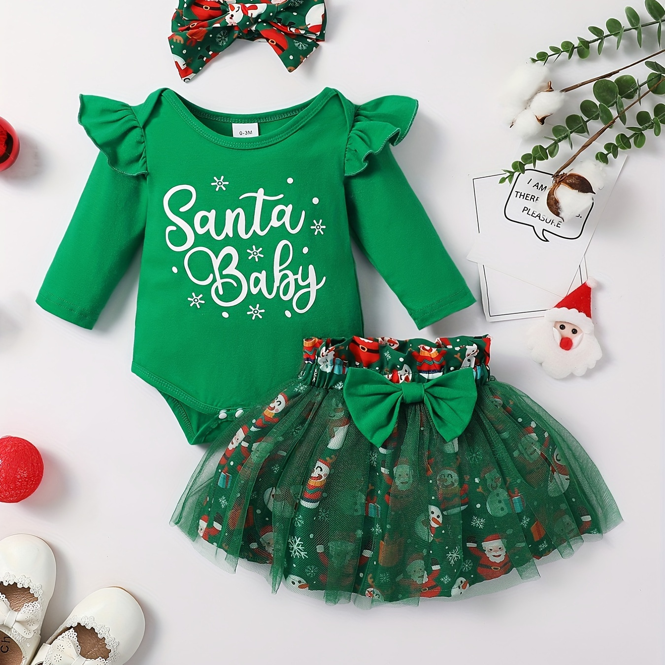 Infant Baby Christmas Outfit - Crew Neck Long Sleeve Romper + Green ...