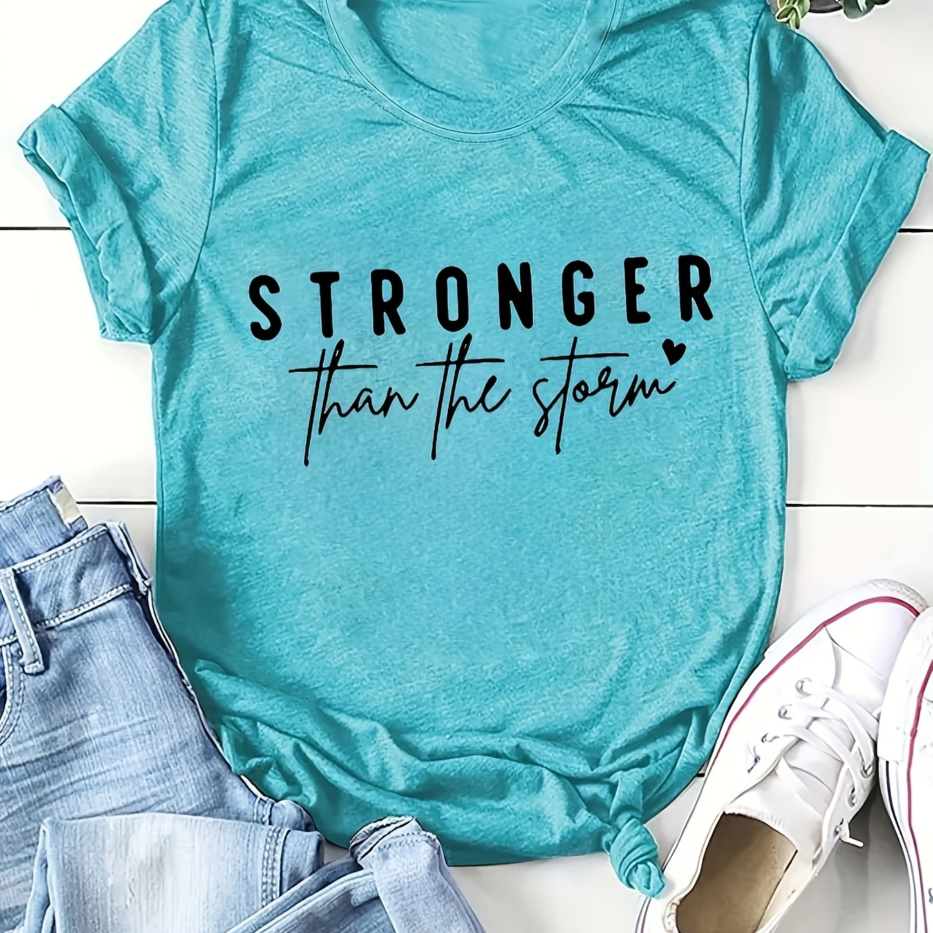 

Women's Summer Casual Crew Neck T-shirt With "stronger Than " Slogan - Polyester 60%, Rayon 35%, Spandex 5% Knit Fabric, Short Sleeve, Loose Fit Tee