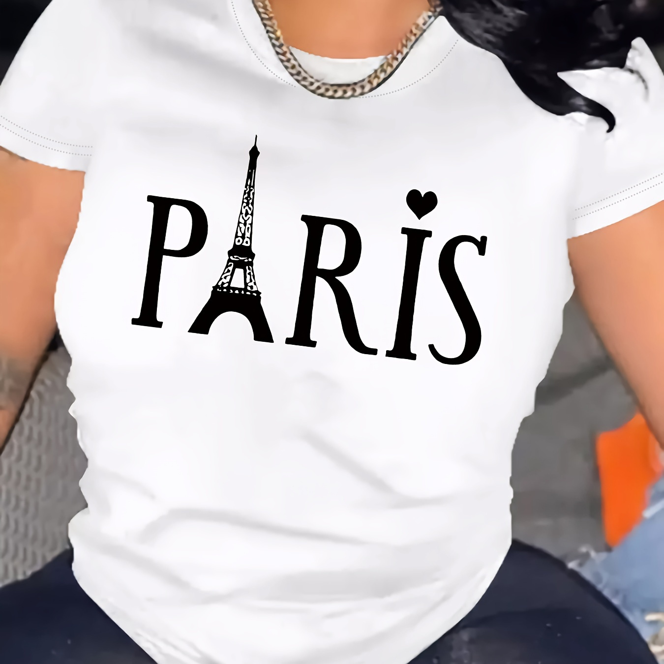 

Plus Size Paris Print T-shirt, Casual Short Sleeve Top For Spring & Summer, Women's Plus Size Clothing