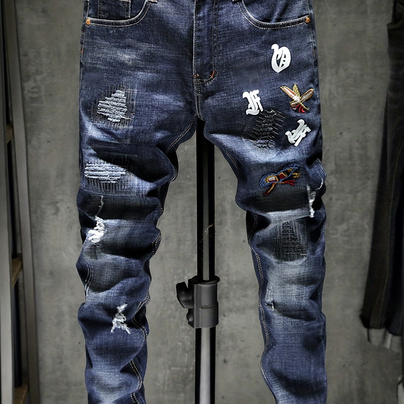 Men's Stylish Jeans With Embroidered Patch Print Best Sellers - Temu