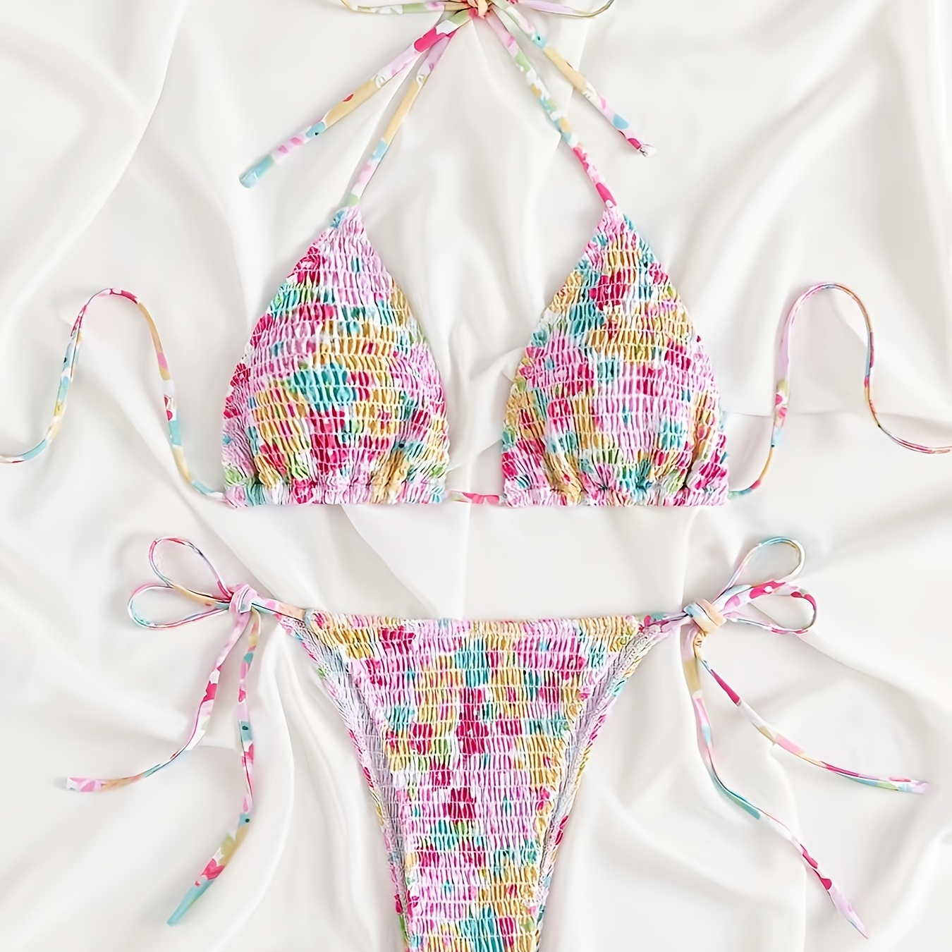 

Floral Print Shirred Tie Side 2 Piece Set Bikini, Triangle Halter Stretchy Swimsuits, Women's Swimwear & Clothing