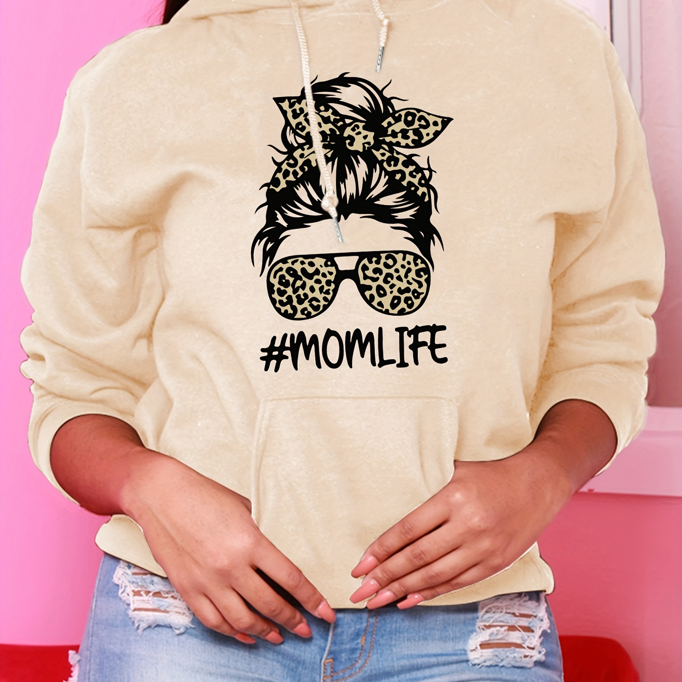 

Sweat à Capuche Beige Élégant pour Femme avec Imprimé Léopard & Lunettes de Mode - Sweatshirt en Polyester Décontracté et avec Cordon de Serrage & #MomLife pour Toutes les