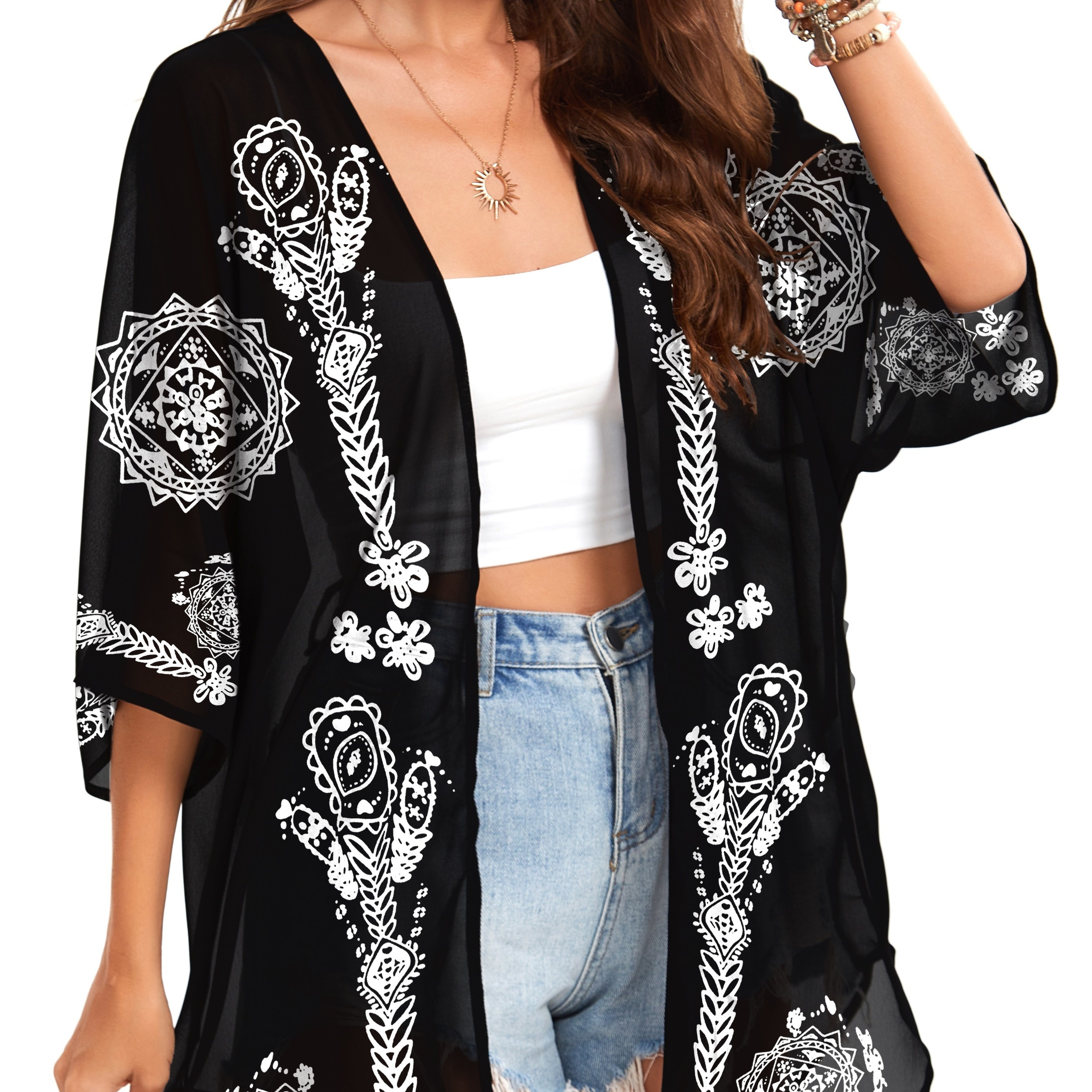 

Women's Elegant Black Floral Print Chiffon Kimono Cardigan With Comfortable 3/4 Sleeves, Loose Fit - Ideal For Beachwear And Casual Spring/summer