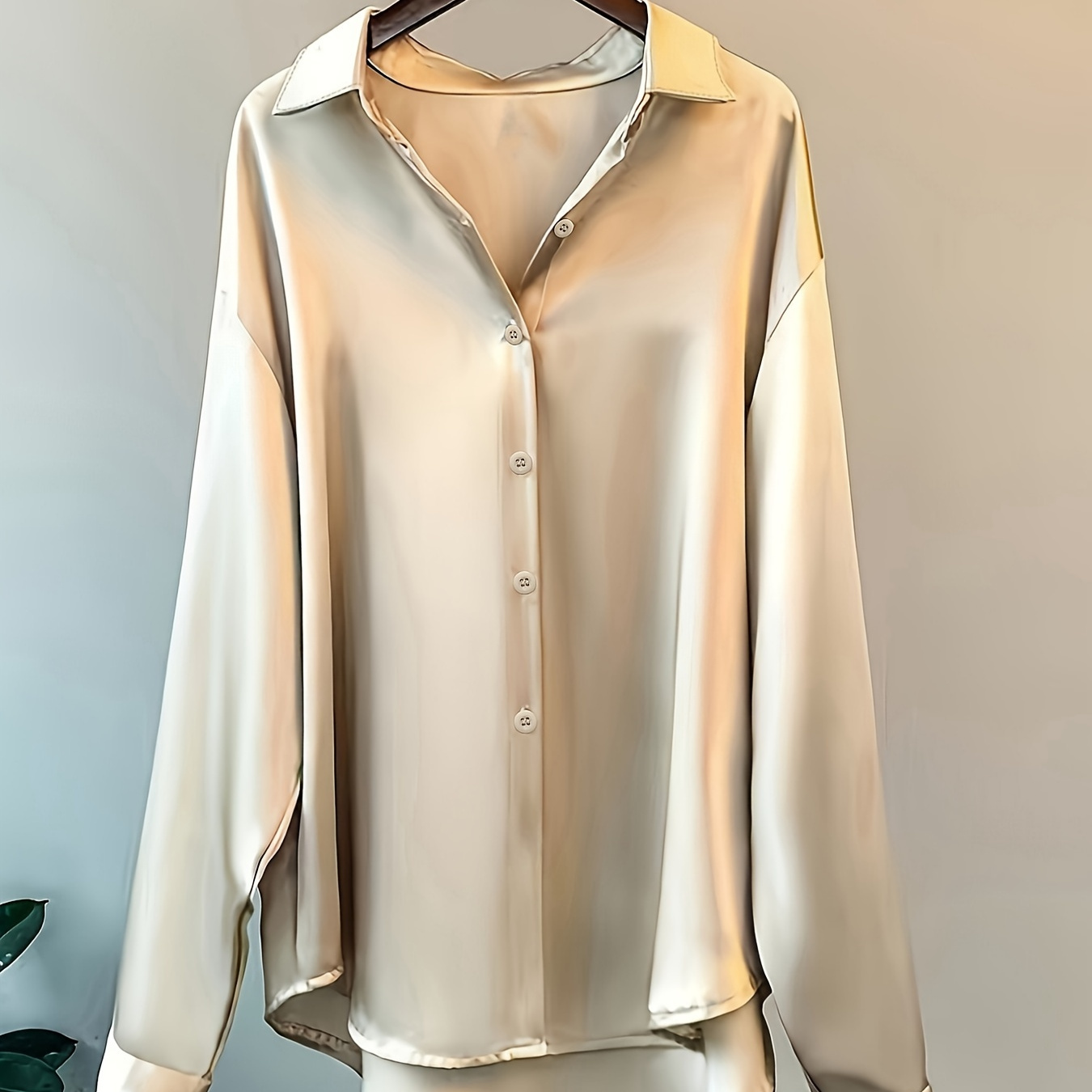 

Solid Color Button Front Shirt, Elegant Long Sleeve Blouse For Spring & Fall, Women's Clothing