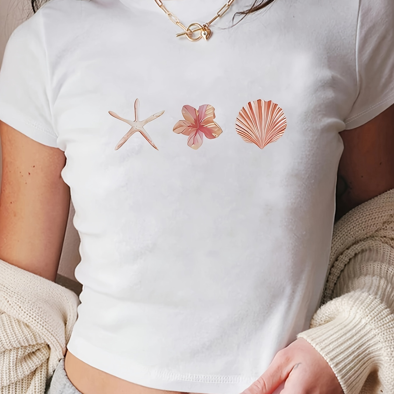 

Seashell Print Crew Neck T-shirt, Casual Short Sleeve Top For Spring & Summer, Women's Clothing