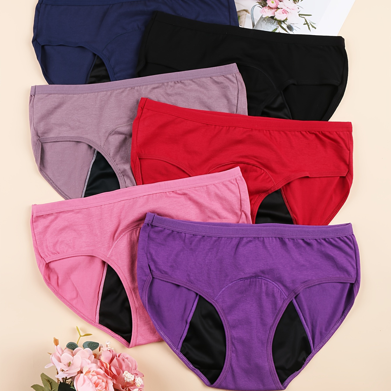 

6 Pack Plus Size Simple Panties Set, Women's Plus Solid High Waisted Leakproof Period Underwear 6 Piece Set
