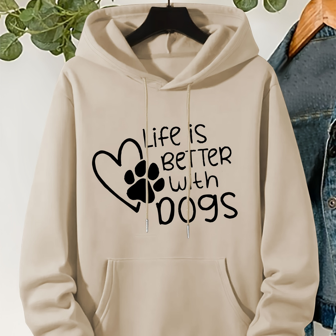 

Plus Size Paw Print Hoodie, Casual "life Is Better With Dogs" Pattern Drawstring Hooded Long Sleeve Kangaroo Pocket Sweatshirt For Fall & Winter, Women's Plus Size Clothing