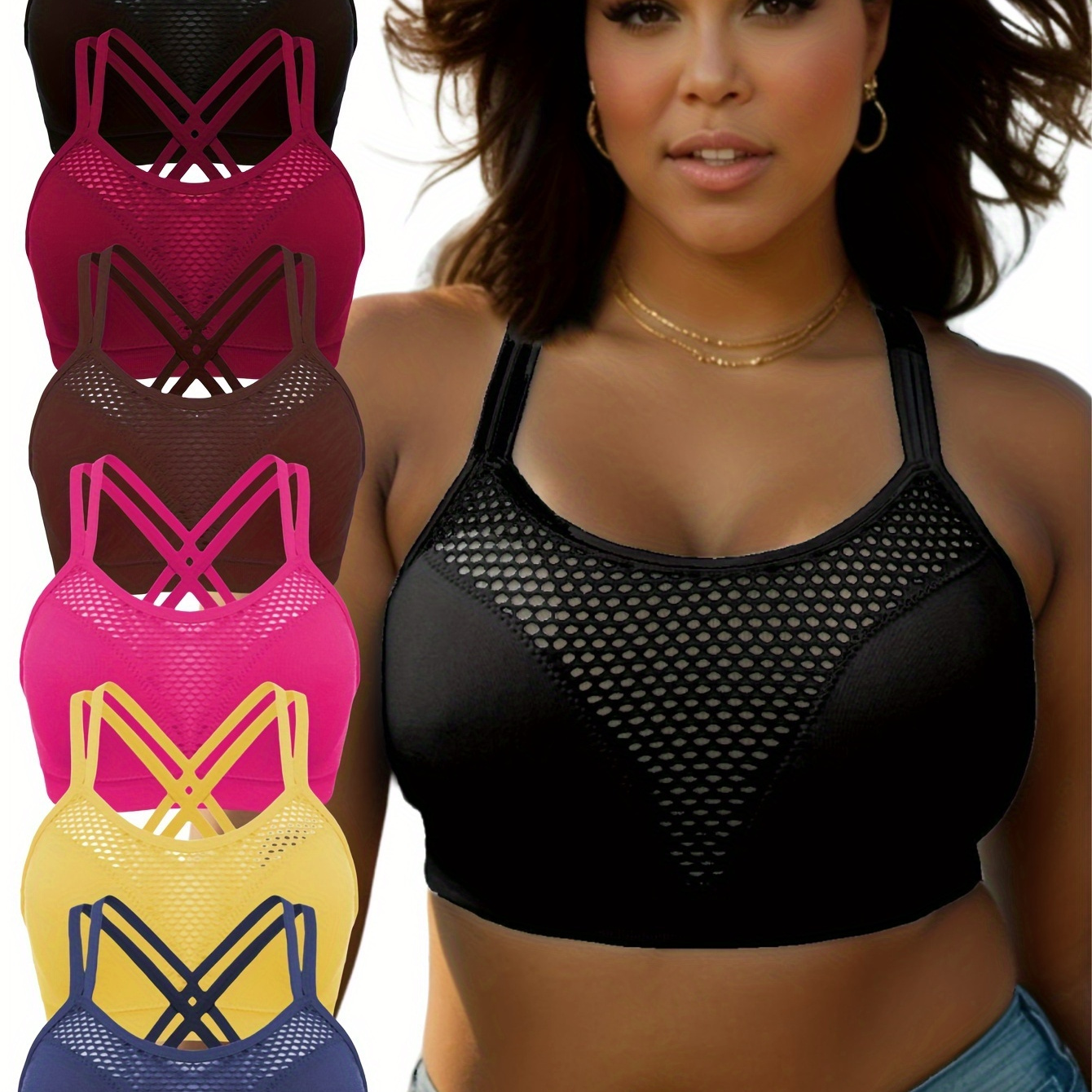 

Size Sports Bras 6-pack - Polyamide & Elastane Elegant Crew Neck With Removable Pads, Medium Stretch, Hollow Detail, Knit Fabric, Daily & Casual Wear