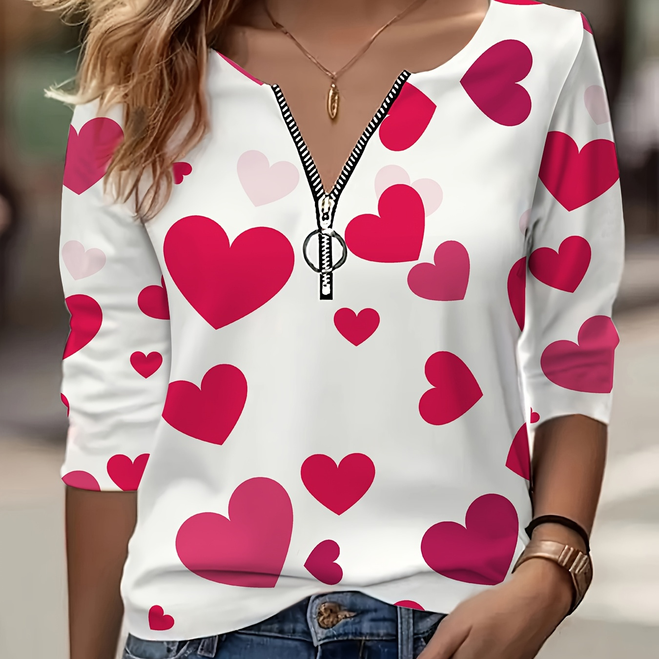 

Valentine's Day Heart Print Half Zip T-shirt, Casual Long Sleeve Top, Women's Wear