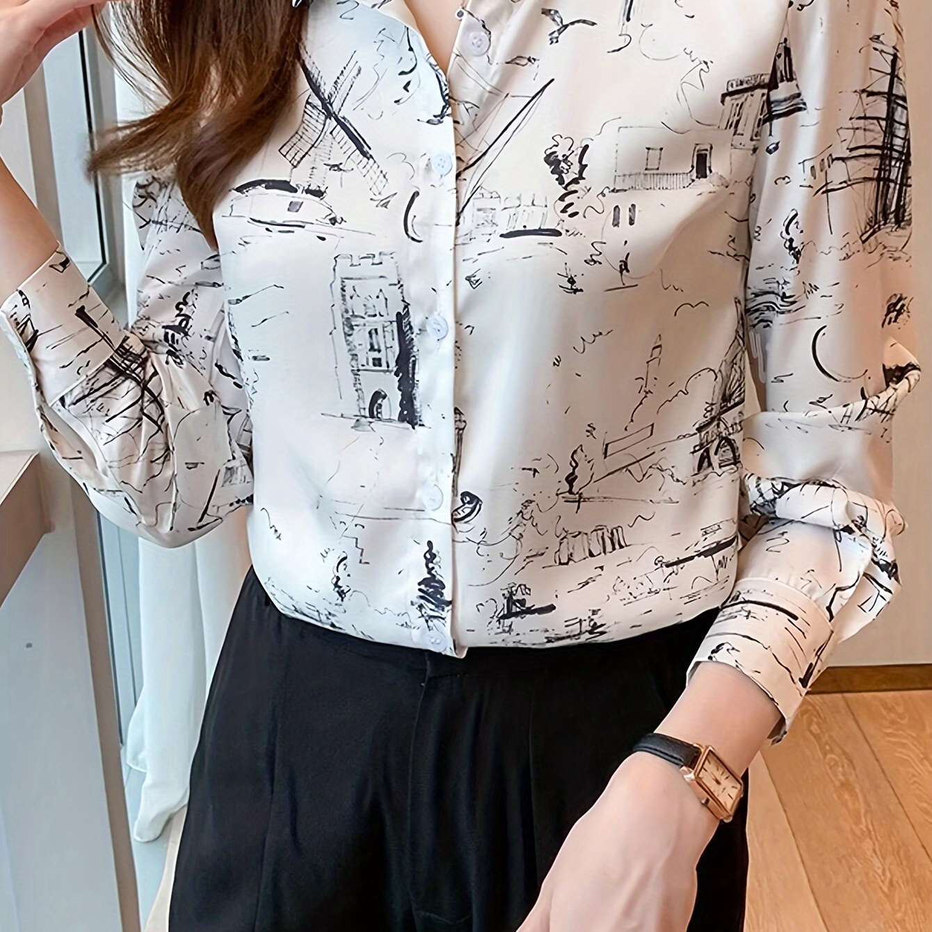 

Button Front Blouse, Casual Long Sleeve Collar Blouse For , Women's Clothing