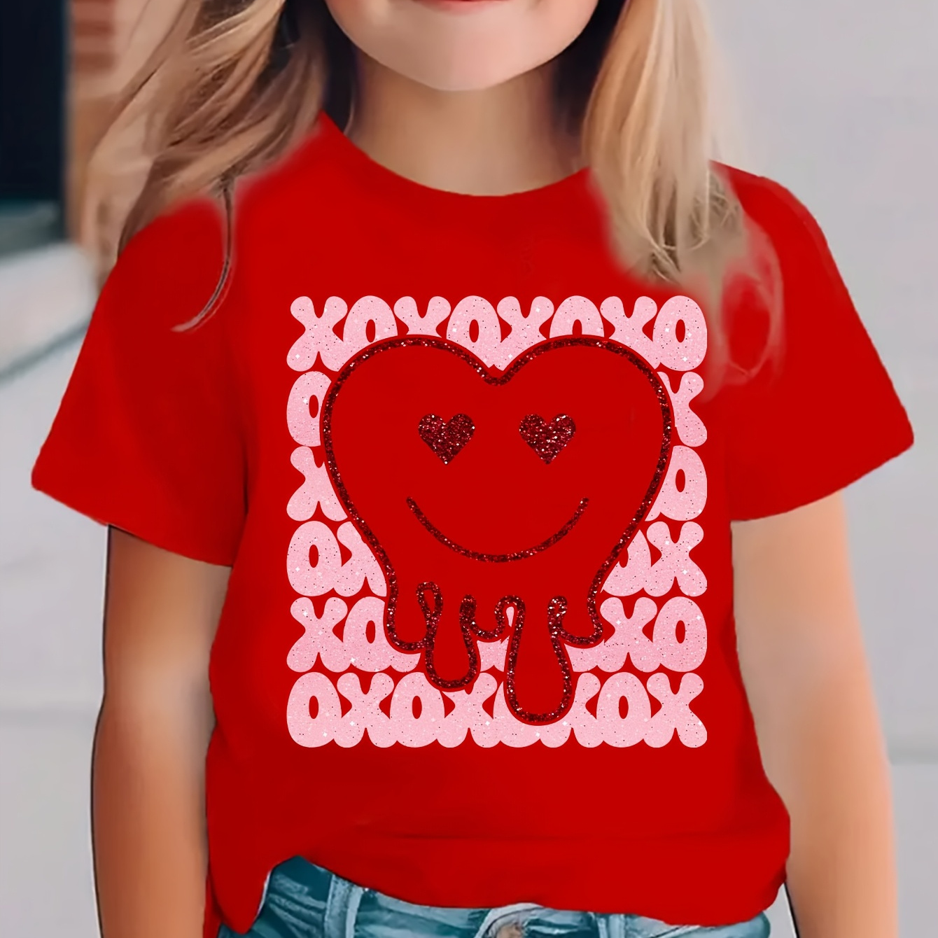 

Valentine's Day Love Heart Graphic Tee For Girls - Casual & Stylish, 100% Polyester, Machine Washable, Tx80032, Fusion Heart Print, Style, Conventional Version, All//all