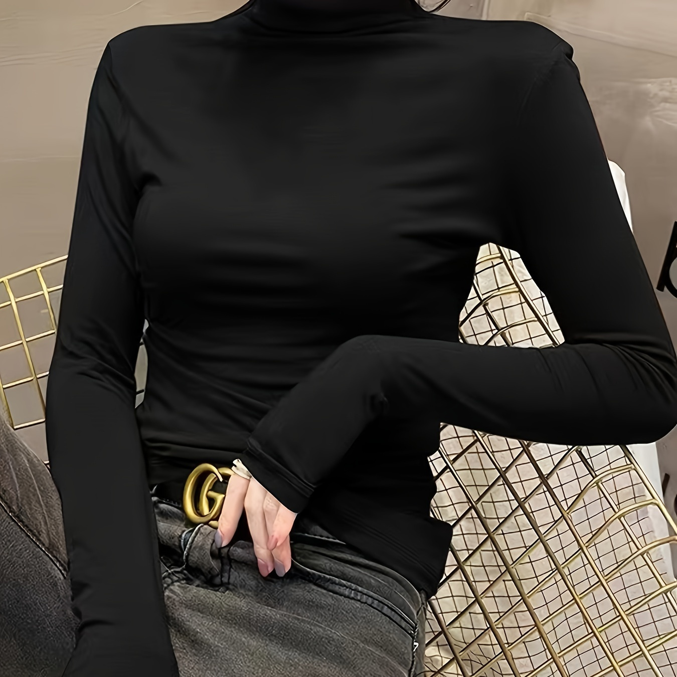 

High Collar Bottoming Shirt For Women, Spring, Autumn And Winter, Fashionable Inner Layer, 2024 , Piled Collar, Long Sleeve, Black, Thin Style