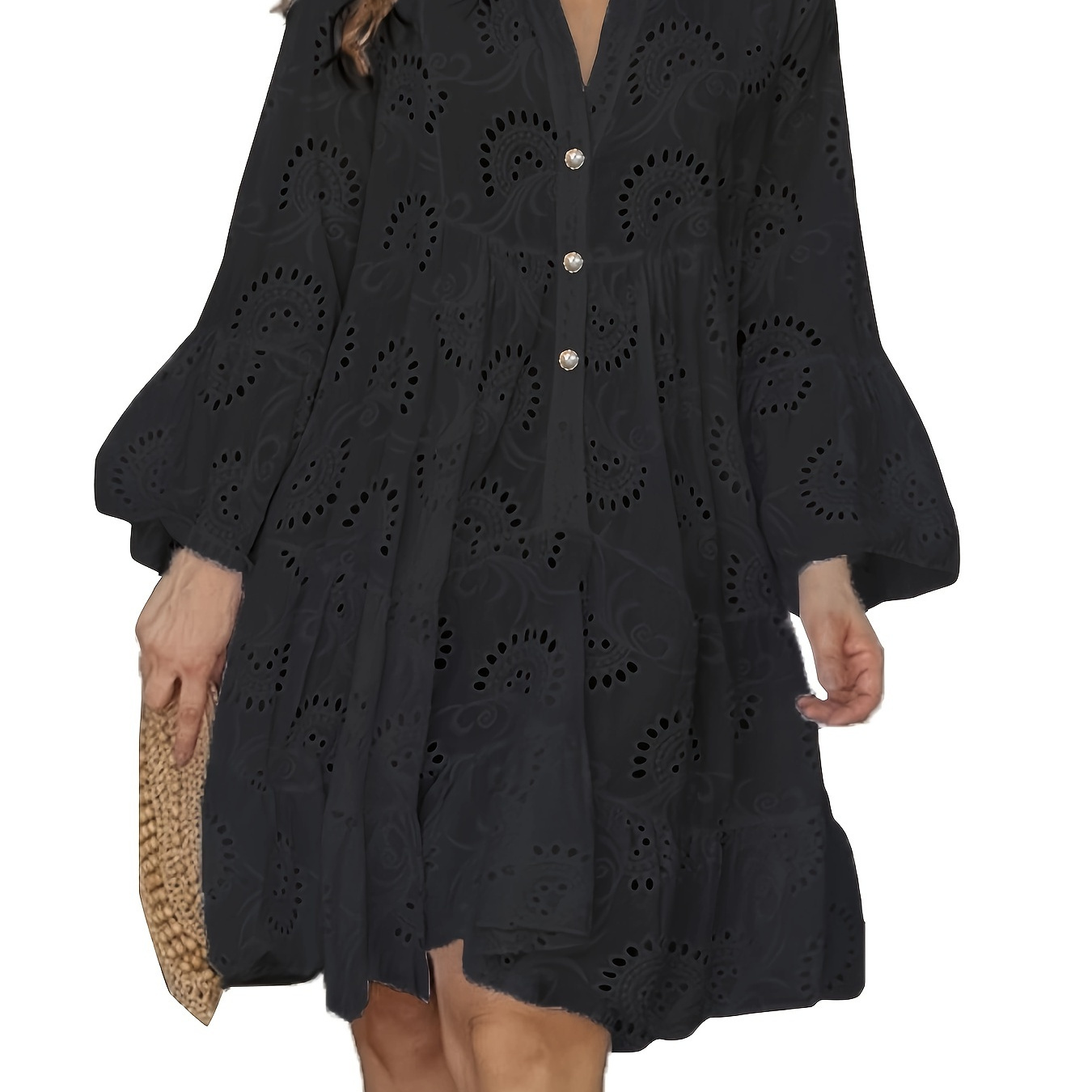 

Solid Eyelet V-neck Dress, Vintage Flare Sleeve Beaded Button Dress, Women's Clothing