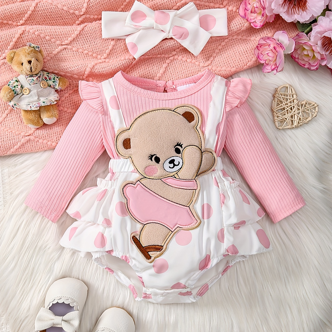 

's Adorable Bear Patchwork Long Bodysuit & Hairband, Toddler & Infant Girl's Clothes