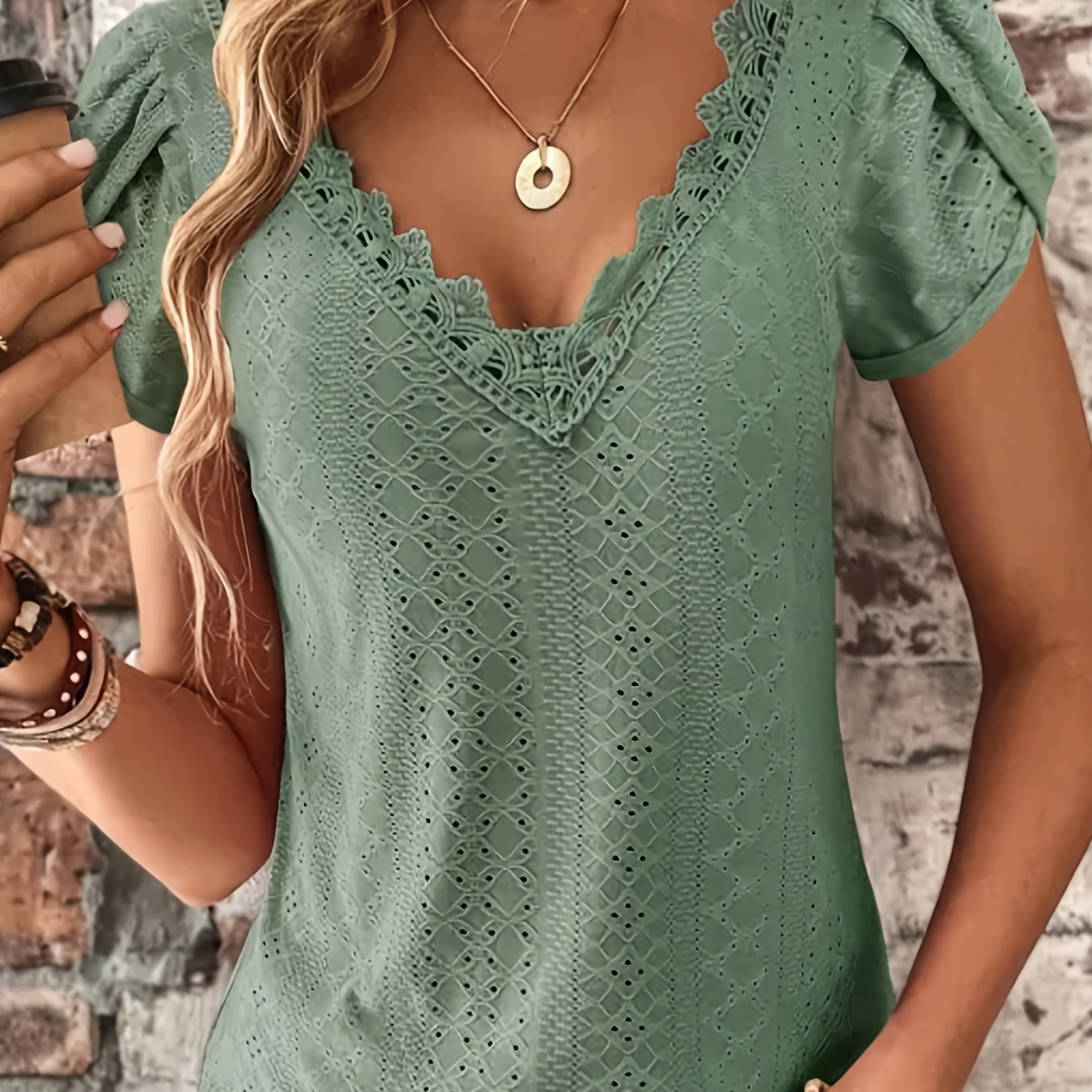

Eyelet Lace Trim V Neck Blouse, Casual Petal Sleeve Blouse For Spring & Summer, Women's Clothing