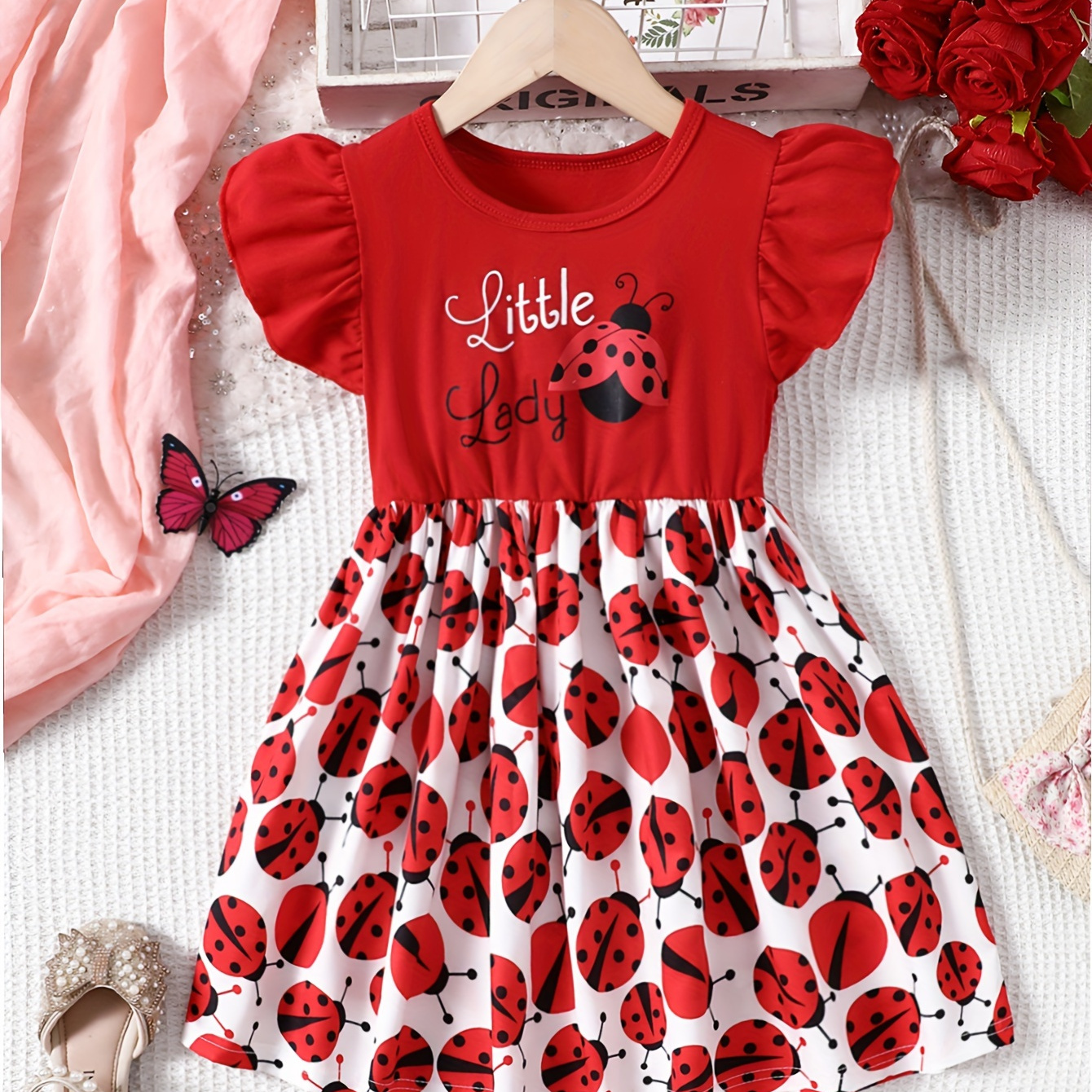 

Baby's "little Lady" Print Casual Dress, Casual Cap Sleeve Dress, Infant & Toddler Girl's Clothing For Summer/spring, As Gift