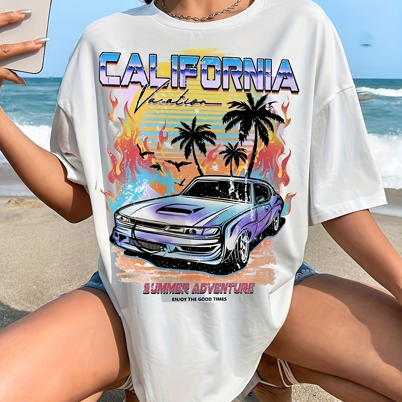 

Coconut Tree & Car Print Drop Shoulder T-shirt, Short Sleeve Crew Neck Casual Top For Spring & Summer, Women's Clothing