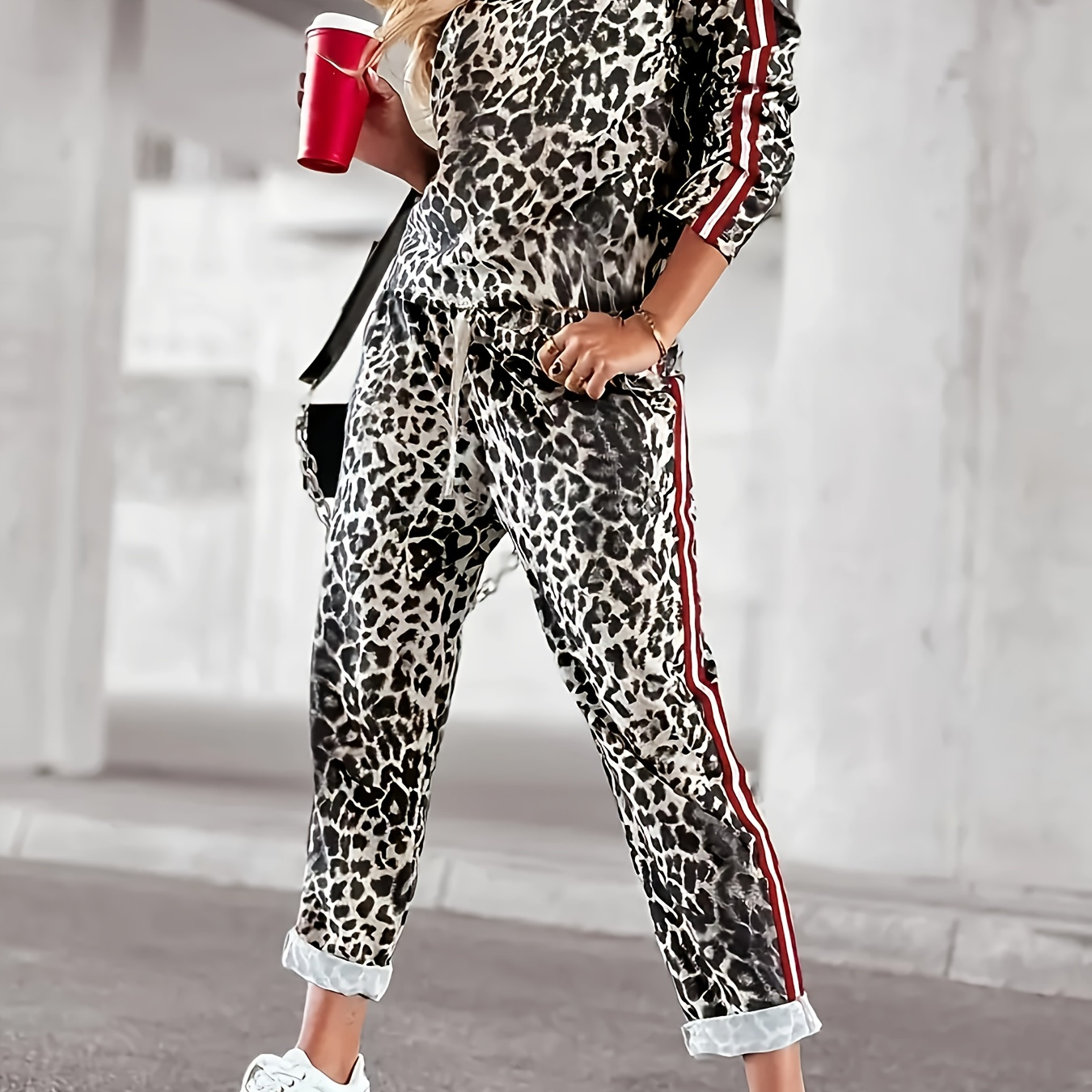 

Women's Leopard Neck Long Sleeve Top With Side , Casual Polyester Knit Fabric With Elastane, Wear, With Drawstring Waist For Pants Set