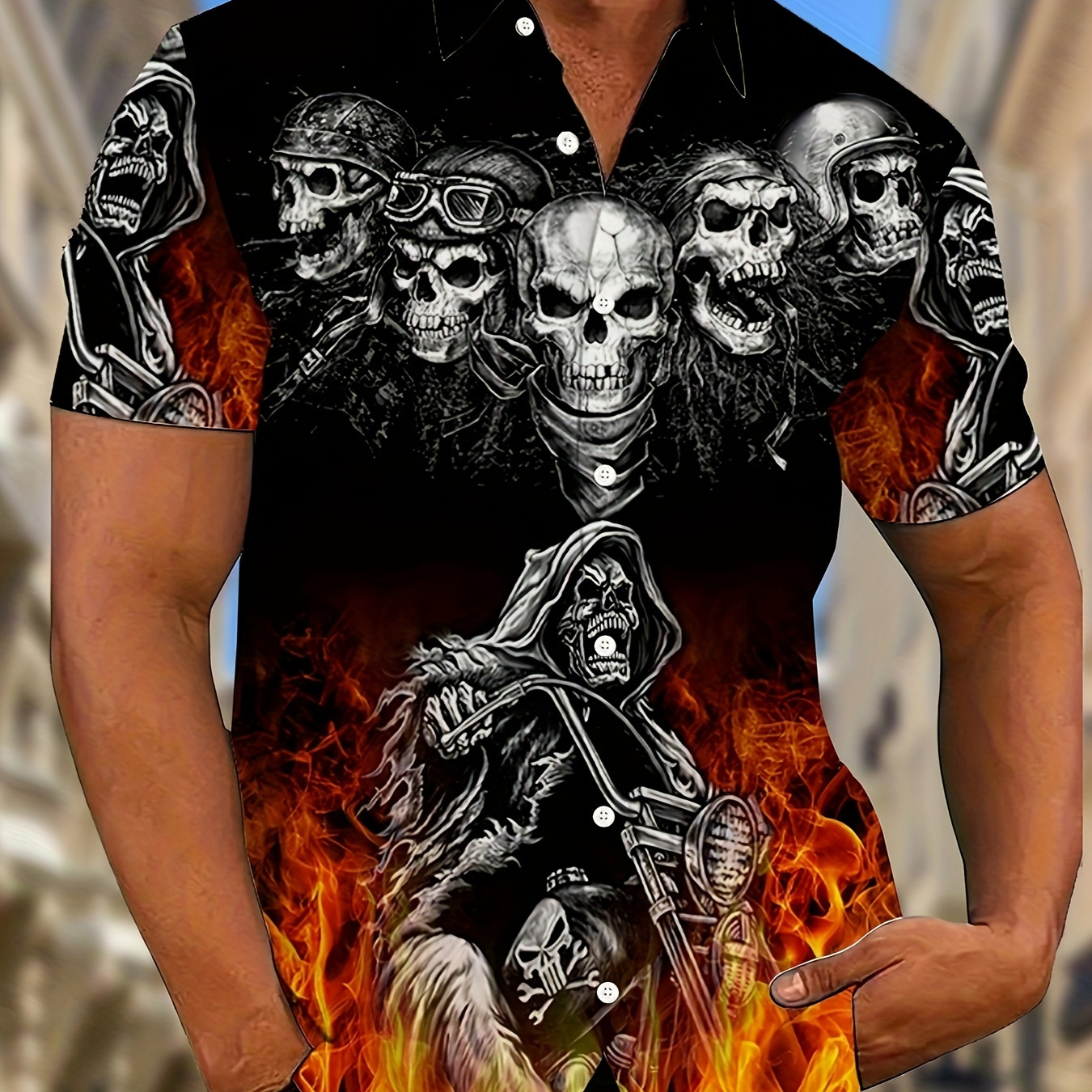 

Men's Novelty Skulls Pattern Print Short Sleeve Lapel Shirt Top, Casual Button Up Shirt For Summer Daily Wear And Vacation Resorts