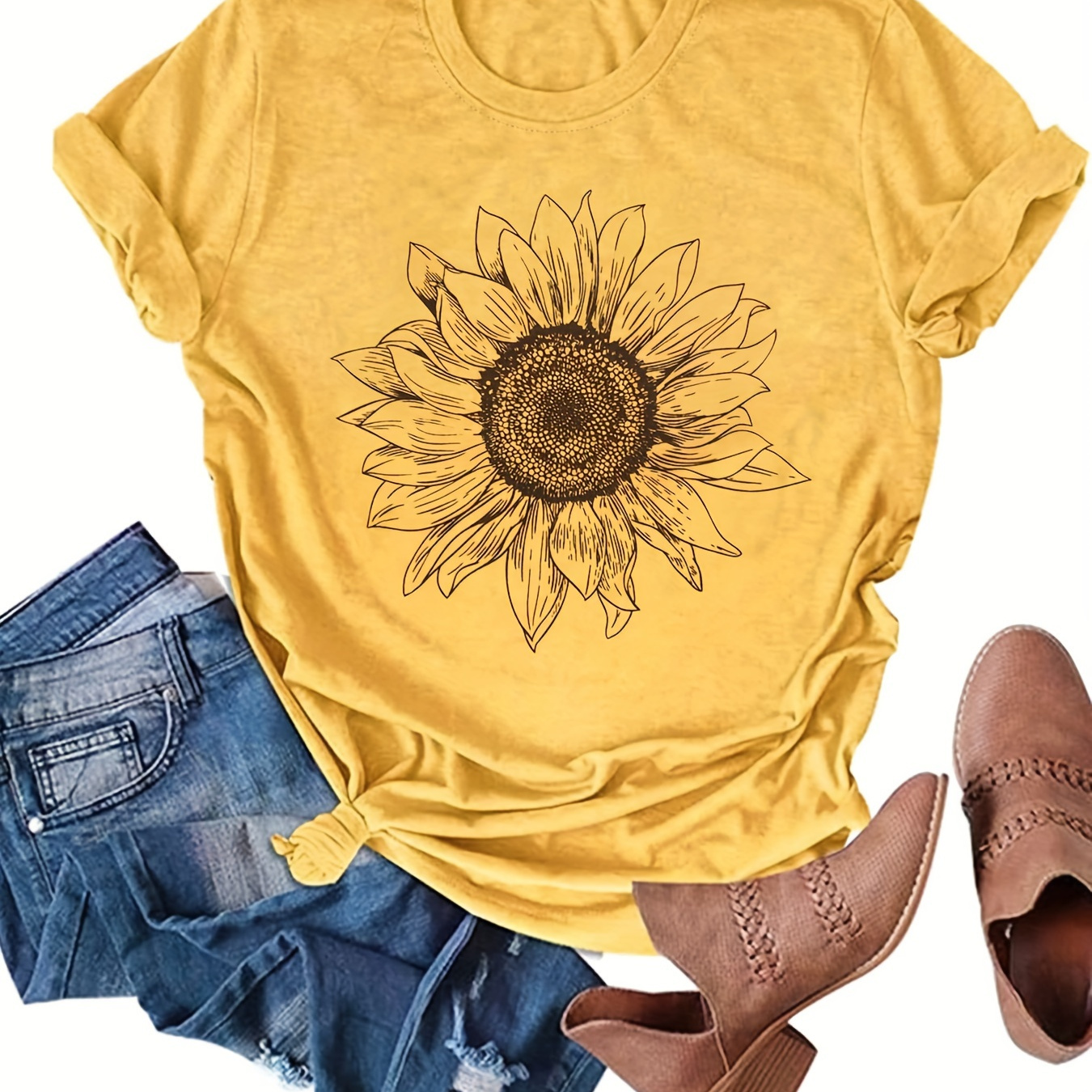 

Sunflower Print Crew Neck T-shirt, Casual Short Sleeve Top For Spring & Summer, Women's Clothing