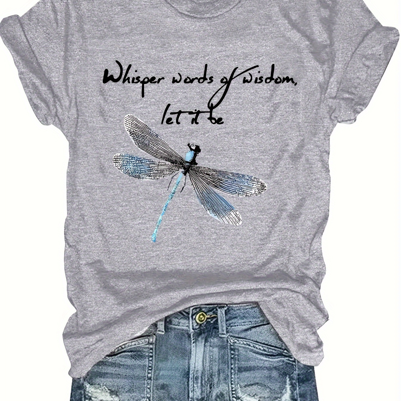 

Plus Size Dragonfly & Letter Print T-shirt, Casual Short Sleeve Top For Spring & Summer, Women's Plus Size Clothing