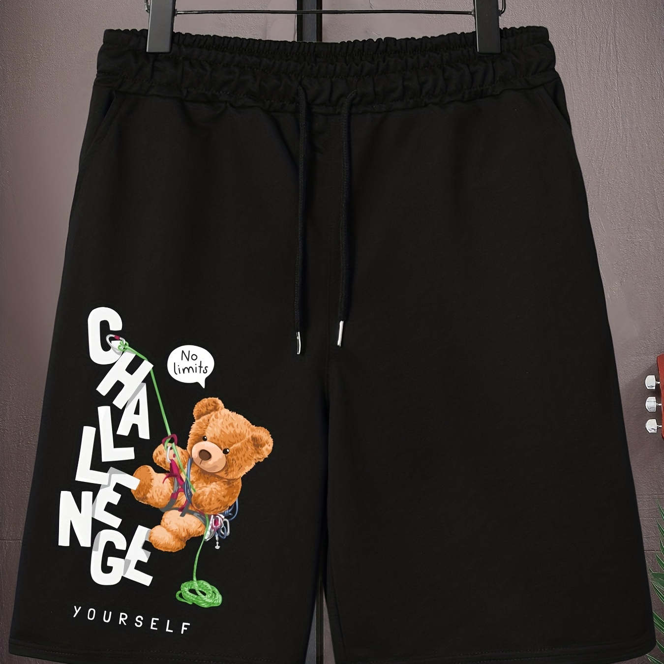 

Men's Plus Size Drawstring Shorts, Cartoon Bear & Challenge Yourself Print Oversized Elastic Short Sports Pants For Big And Tall Guys, Spring & Summer Wear