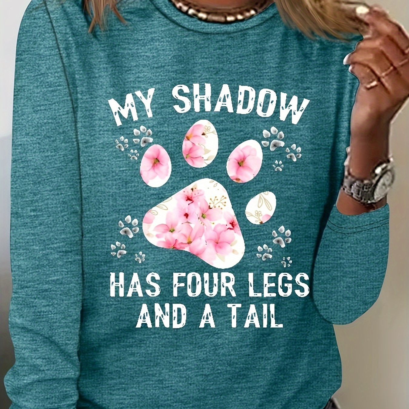 

Paw Print Crew Neck T-shirt, Casual Long Sleeve T-shirt For Spring & Fall, Women's Clothing