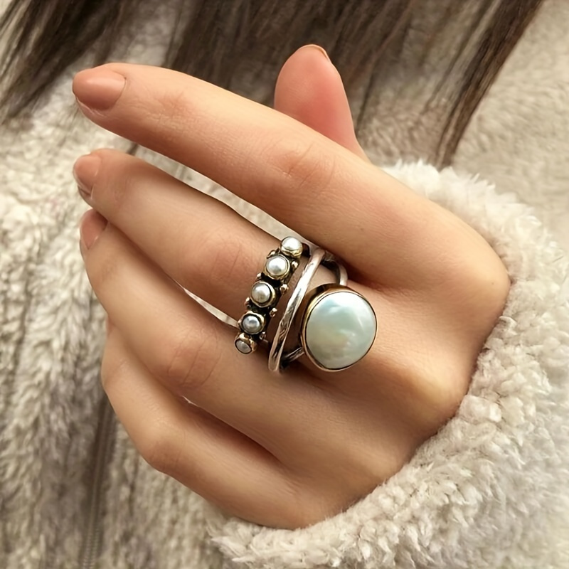 

Vintage Style Finger Ring Inlaid Faux Pearls Boho Finger Jewelry Decor For Women