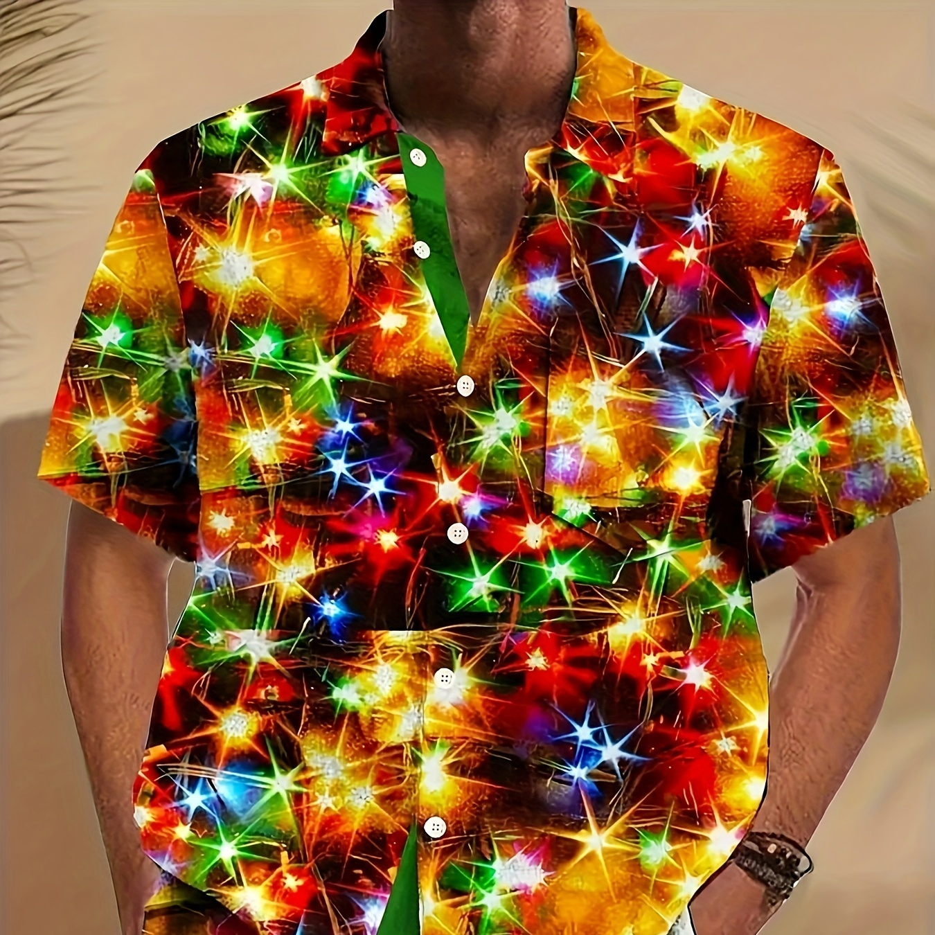 

Men's Christmas Lights Print Shirt - 100% Polyester Casual Hawaiian , Lapel Collar, Summer Short Sleeve, Slight Stretch, Woven Fabric, Regular Fit - Holiday Party Wear