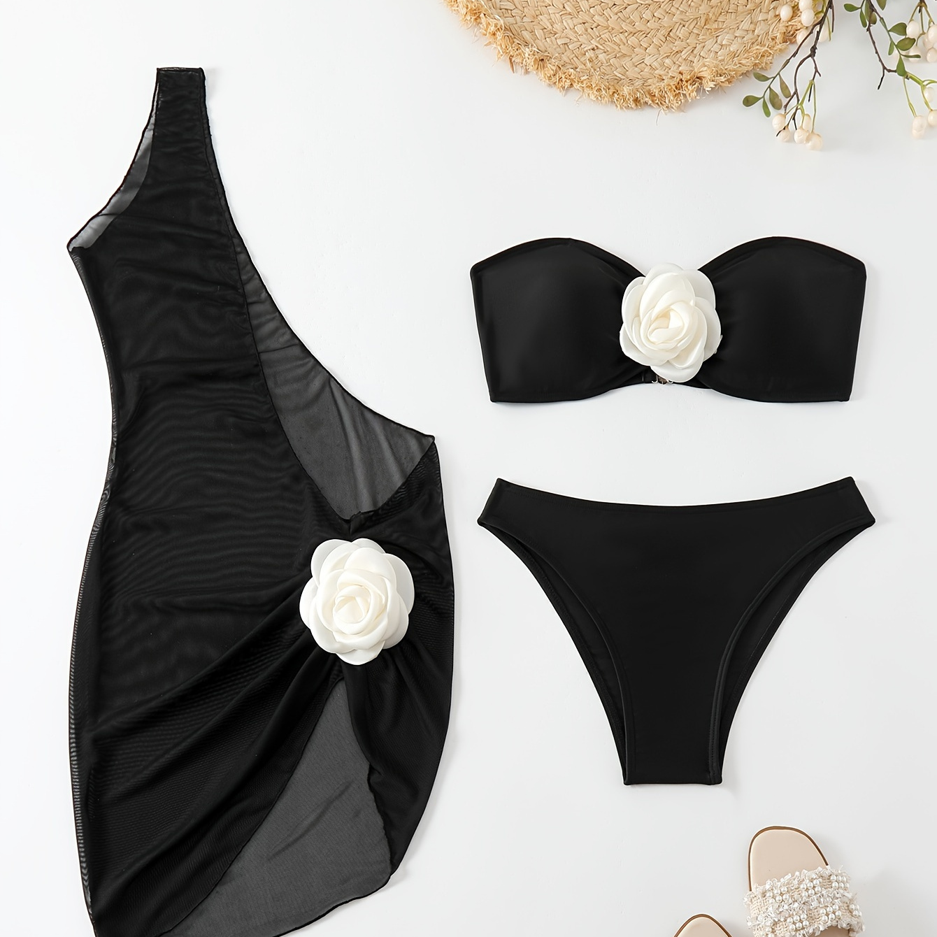 

3d Floral Decor 3 Piece Set Bikini, Tube Top Bandeau High Cut With 1 Shoulder Cover Up Dress Swimsuits, Women's Swimwear & Clothing