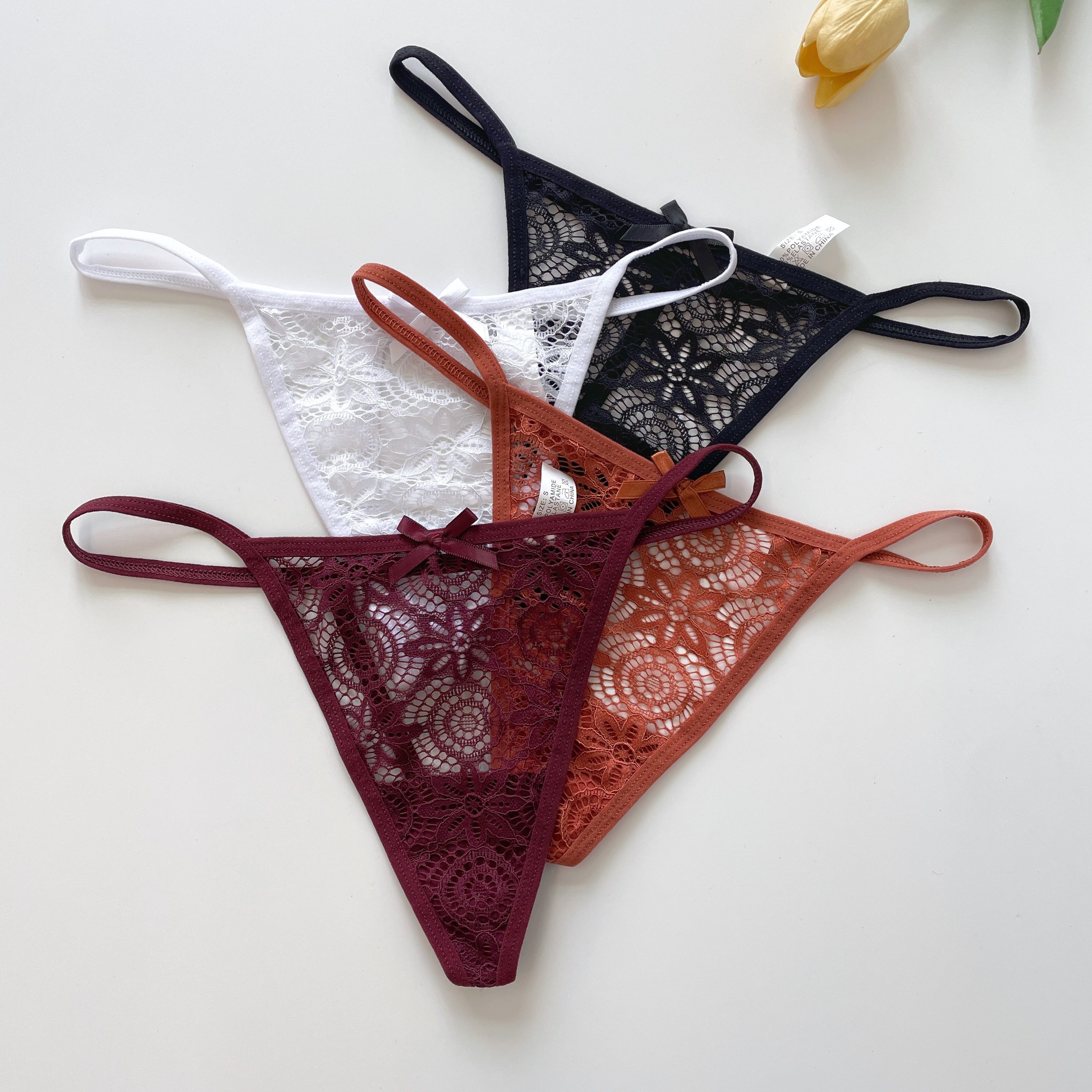 

4pcs Solid Seamless Floral Lace Semi Sheer Thongs, Sexy Comfy Breathable Stretchy Intimates Panties, Women's Lingerie & Underwear