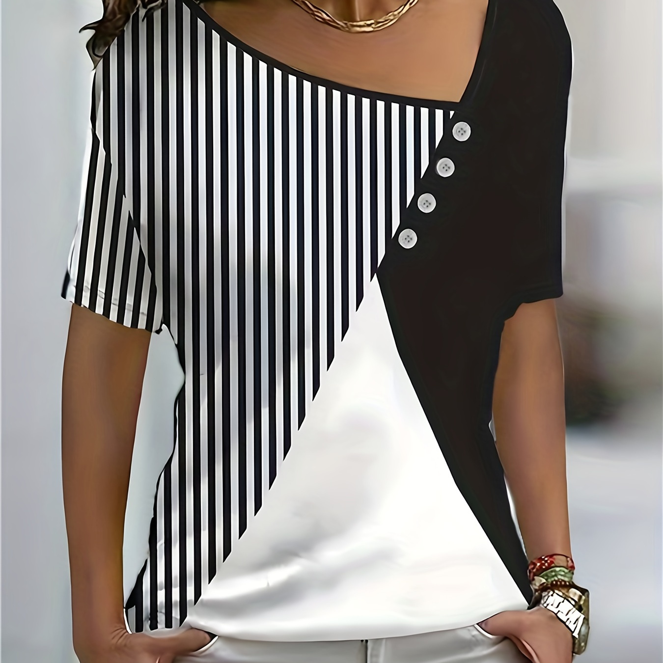 

Plus Size Casual T-shirt, Women's Plus Colorblock Stripe Print Button Decor Short Sleeve Slash Collar Medium Stretch T-shirt