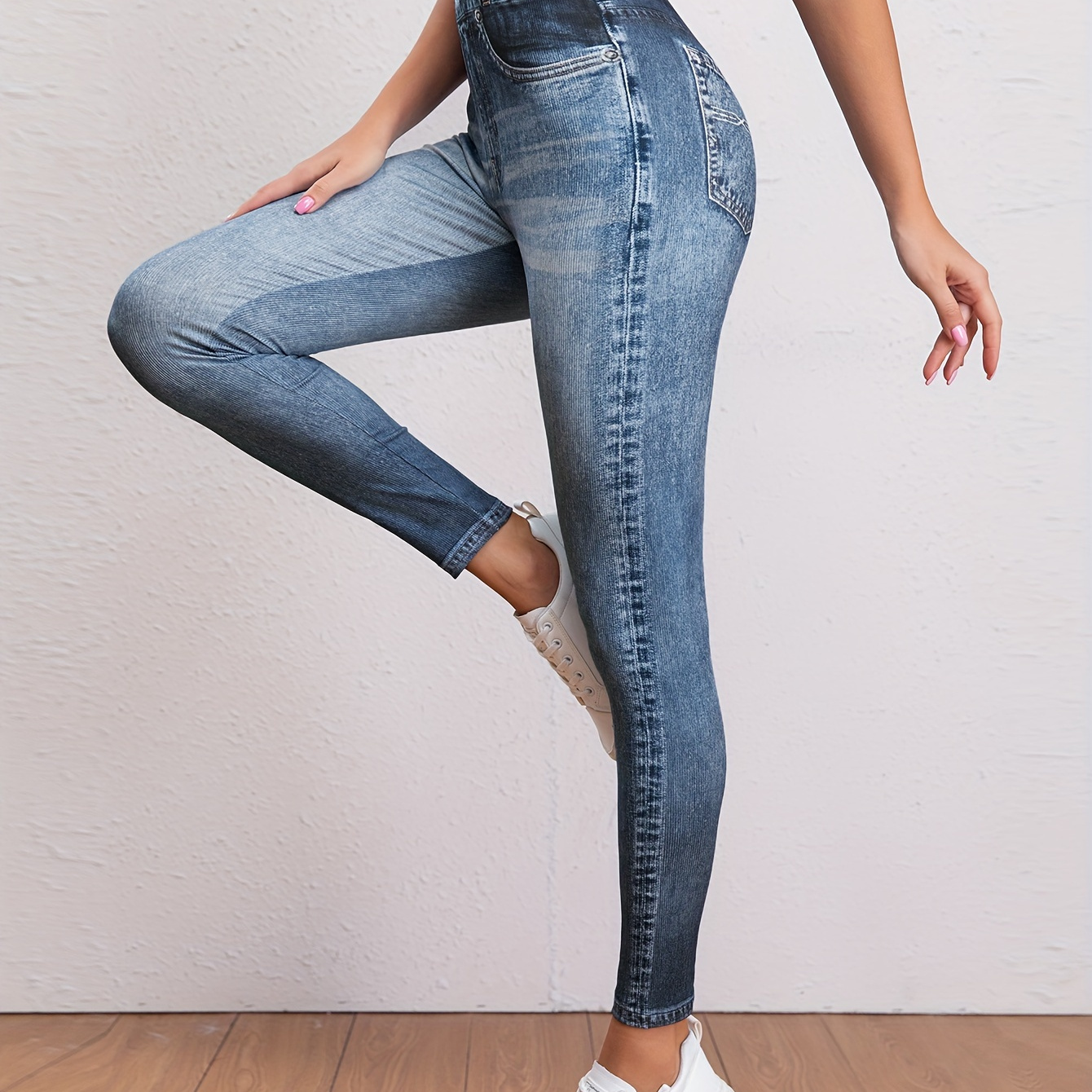 Women's Leggings Faux Denim Floral Printed Yoga Pants Casual High Waist