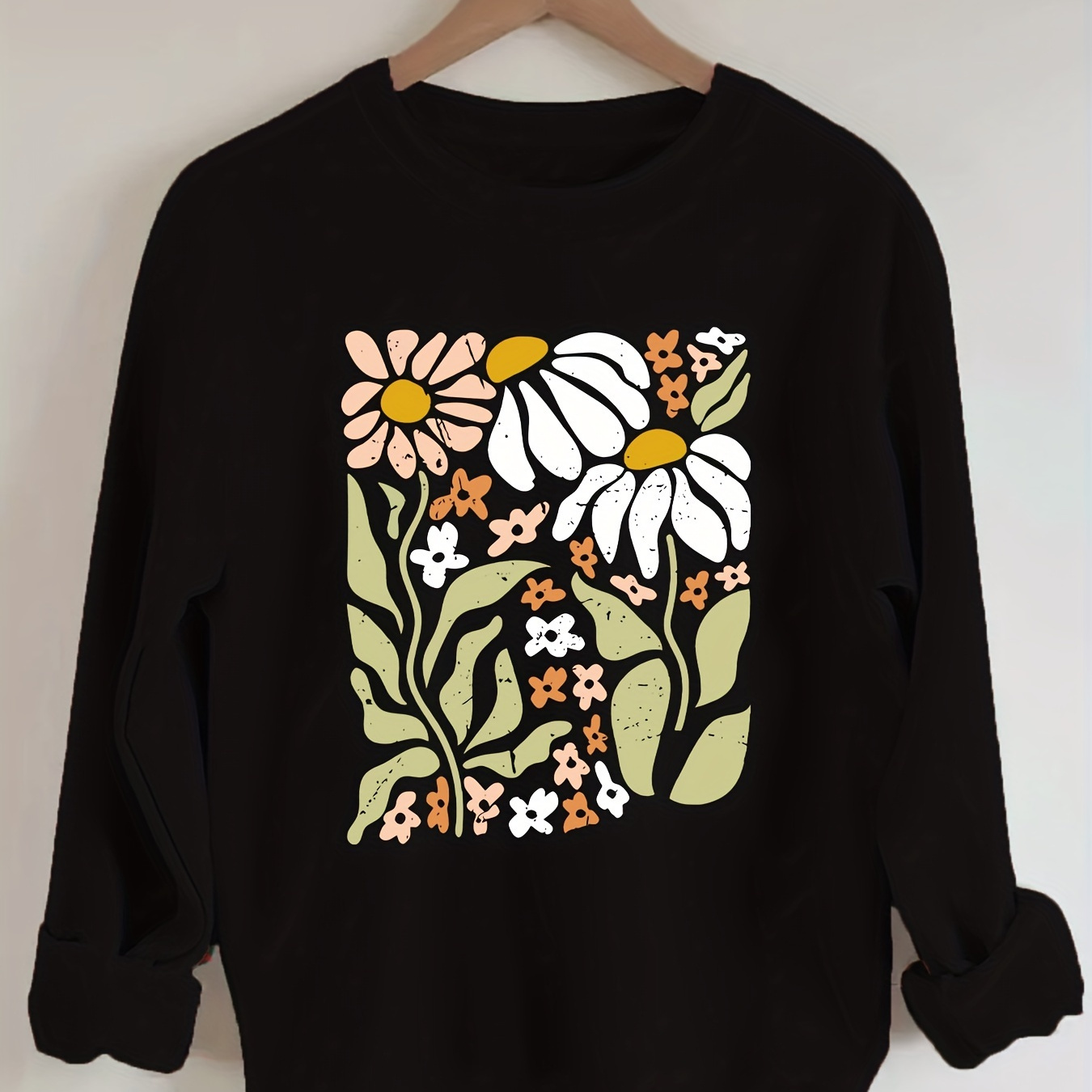 

Sweat-shirt à manches longues avec motif floral, haut décontracté à col rond pour femme, automne et hiver