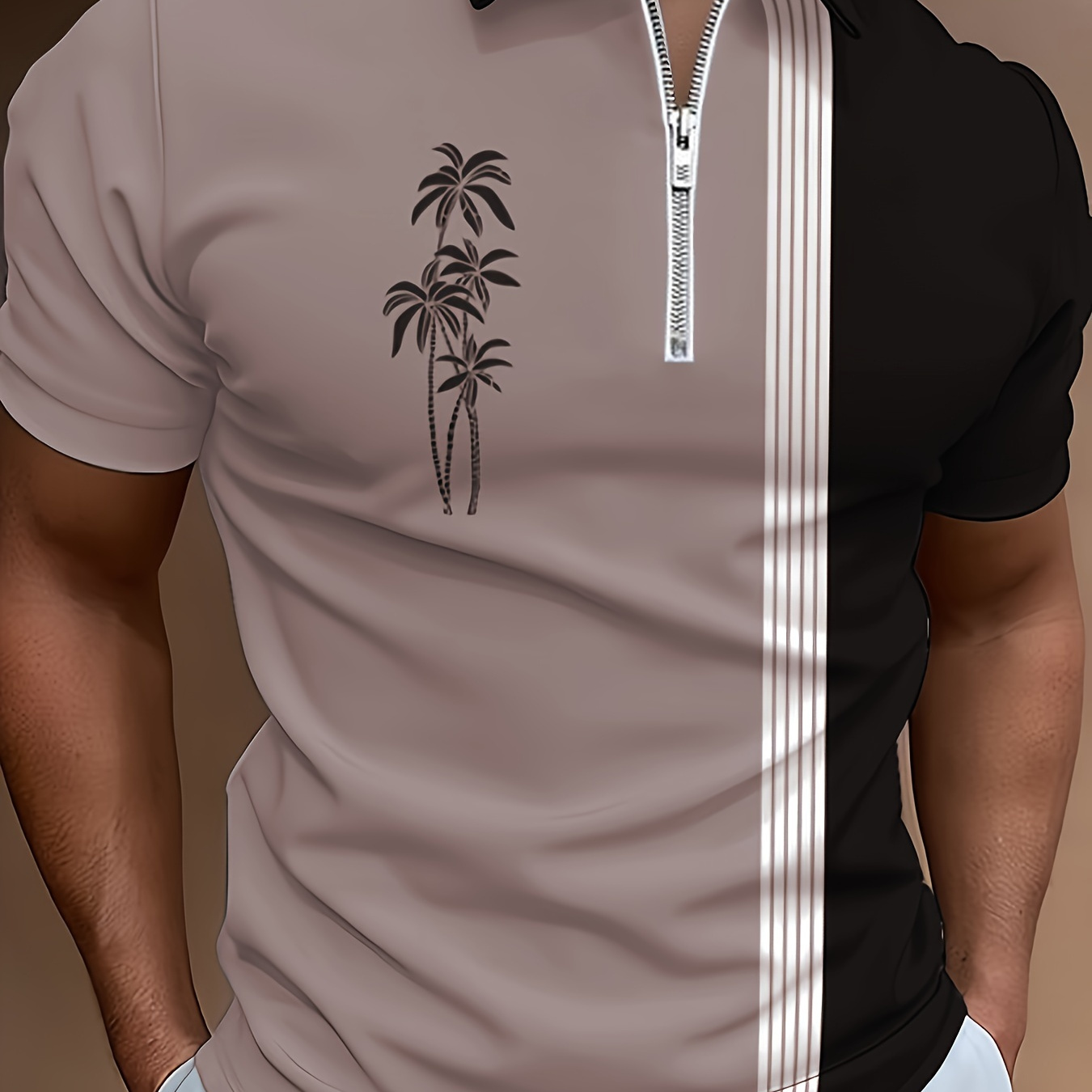 

Coconut Tree Print Men's Color Block Striped Short Sleeve Zipper Lapel Shirt, Men's Summer Clothing, Leisure And Street