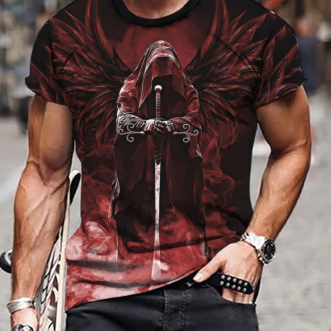 

Men's Demon Print T-shirt, Casual Short Sleeve Crew Neck Tee, Men's Clothing For Outdoor