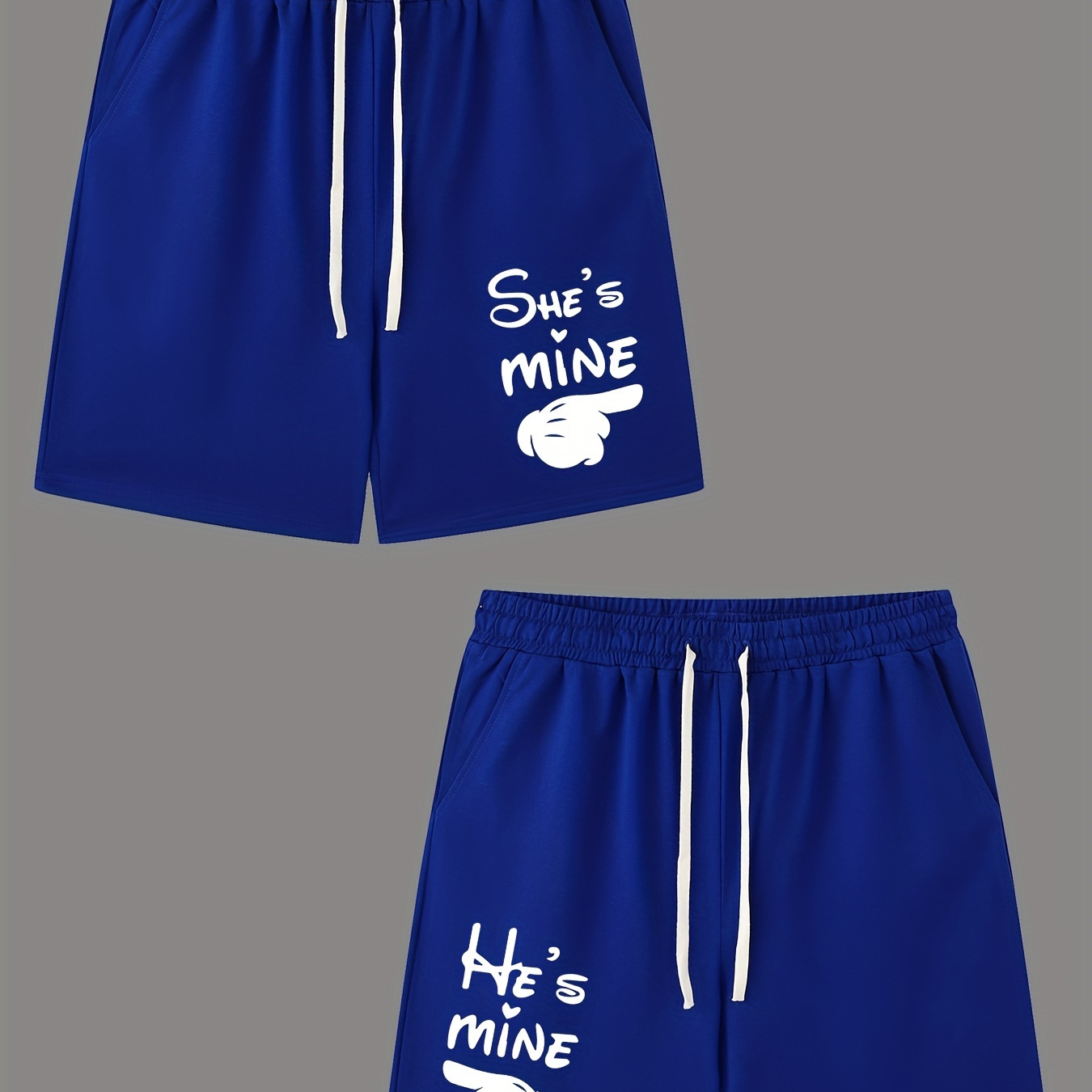 

2pcs, Couple Shorts, Declaration ''he/she's Mine'' Print Drawstring Casual Comfy Shorts