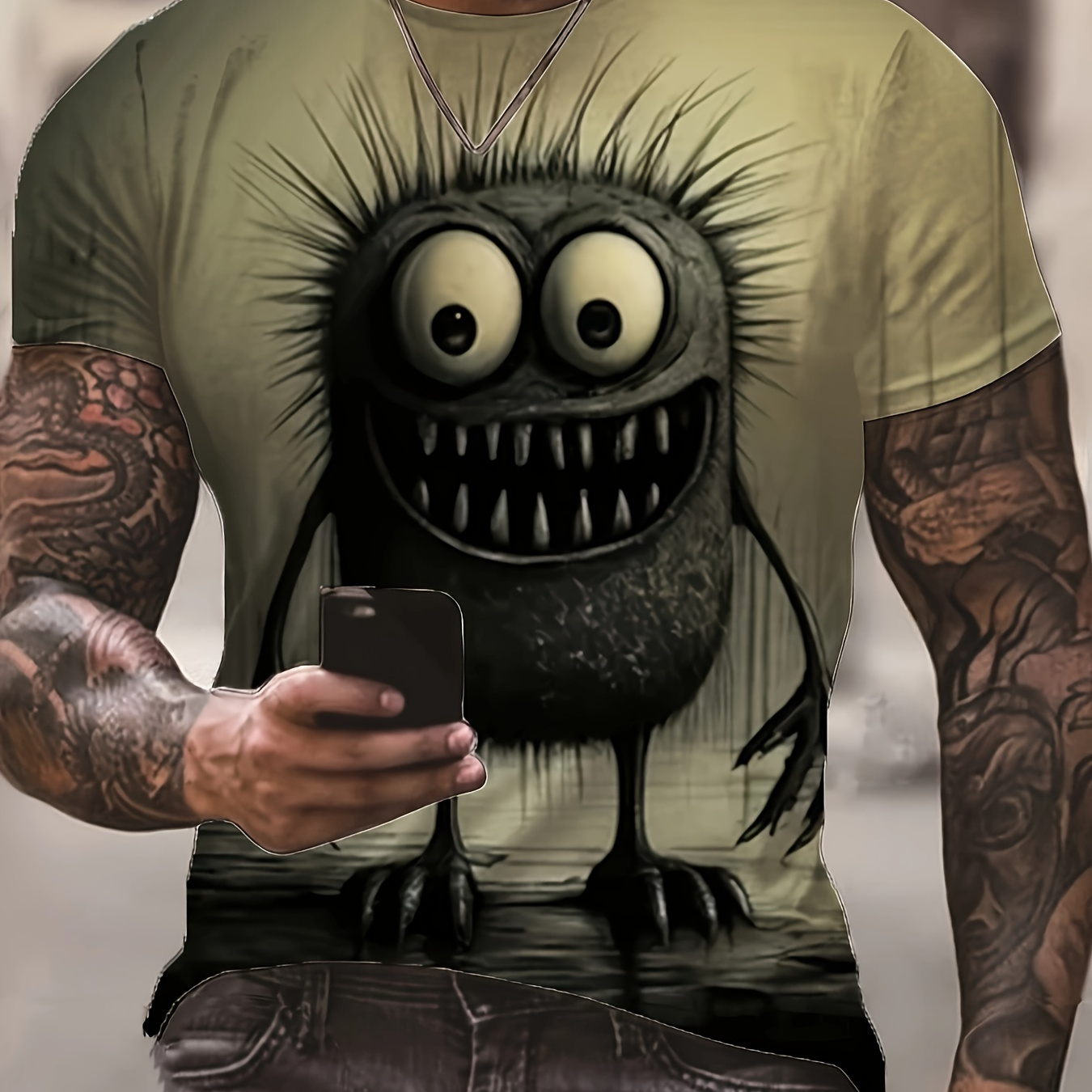 

Men's Smiling Monster Pattern Crew Neck And Short Sleeve T-shirt, Stylish And Funny Tops For Summer Street Wear