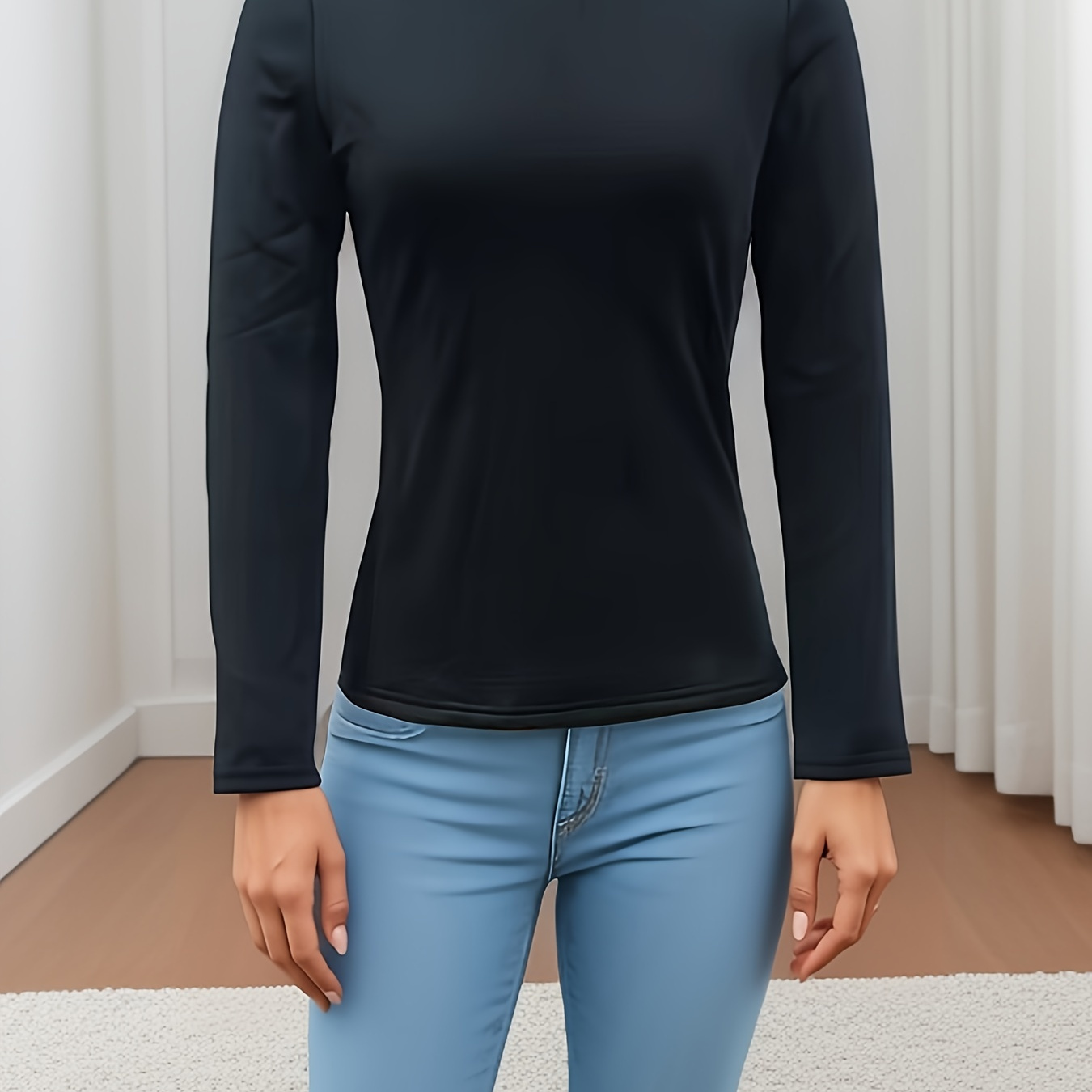 

Solid Color Mock Neck T-shirt, Casual Thermal Long Sleeve T-shirt For Fall & Winter, Women's Clothing