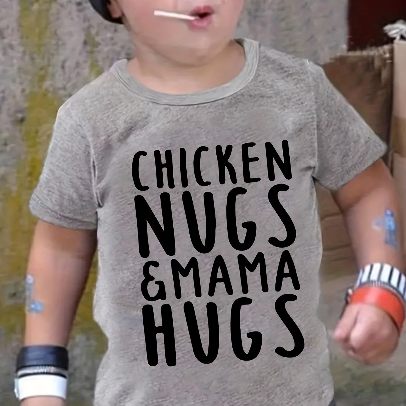 

Boys "chicken Nugs & Mama's Hugs" Round Neck T-shirt Tee Top Casual Soft Comfortable For Summer Kids Clothes