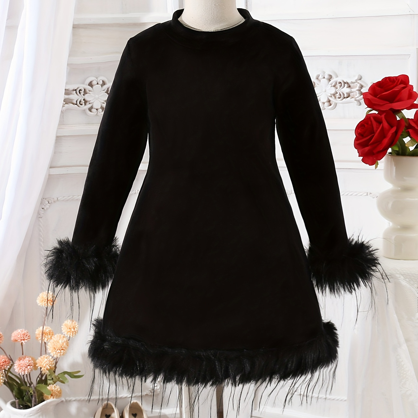 

Girls Elegant & Stylish Long Sleeve Velvet Faux Fur Spliced Dress For Fall & Party