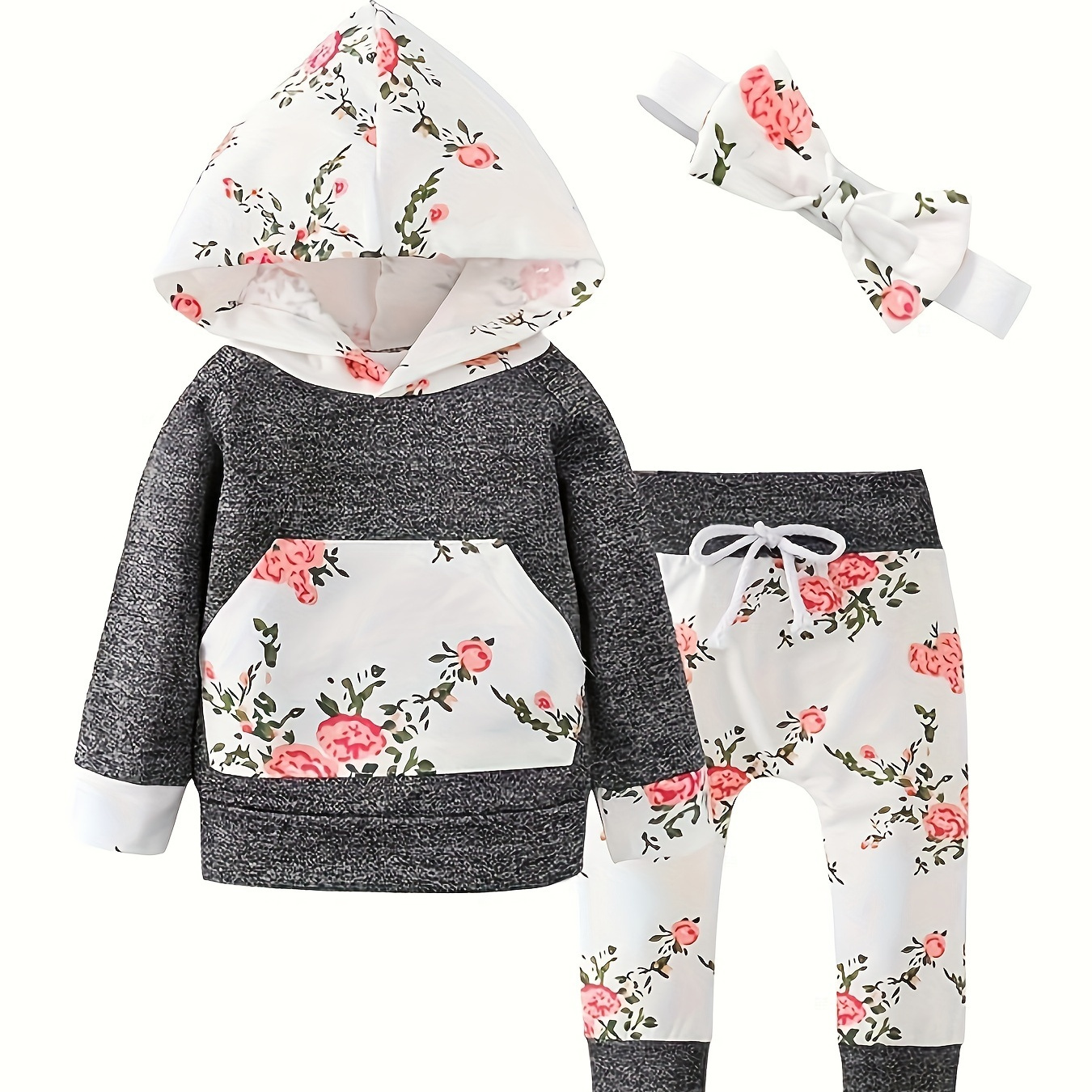 

Newborn Baby Girl Clothes, Infant Girl Outfits Long Sleeve Hoodie Tops + Floral Pants + Headband Set