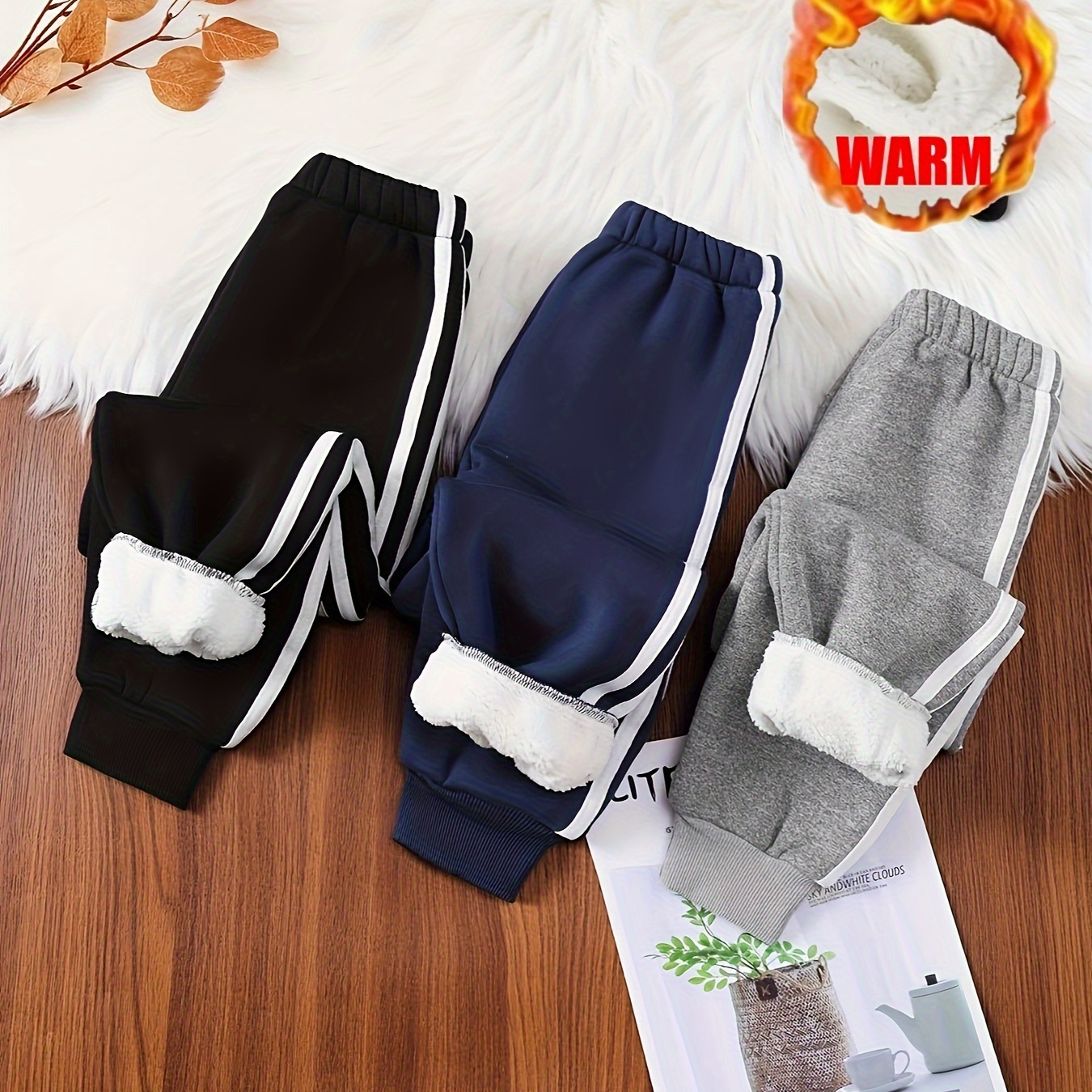 

Ensemble 3 pièces pour garçon avec pantalon doublé en polaire chaude - Pantalon long décontracté pour enfants avec taille élastique et jambes à revers