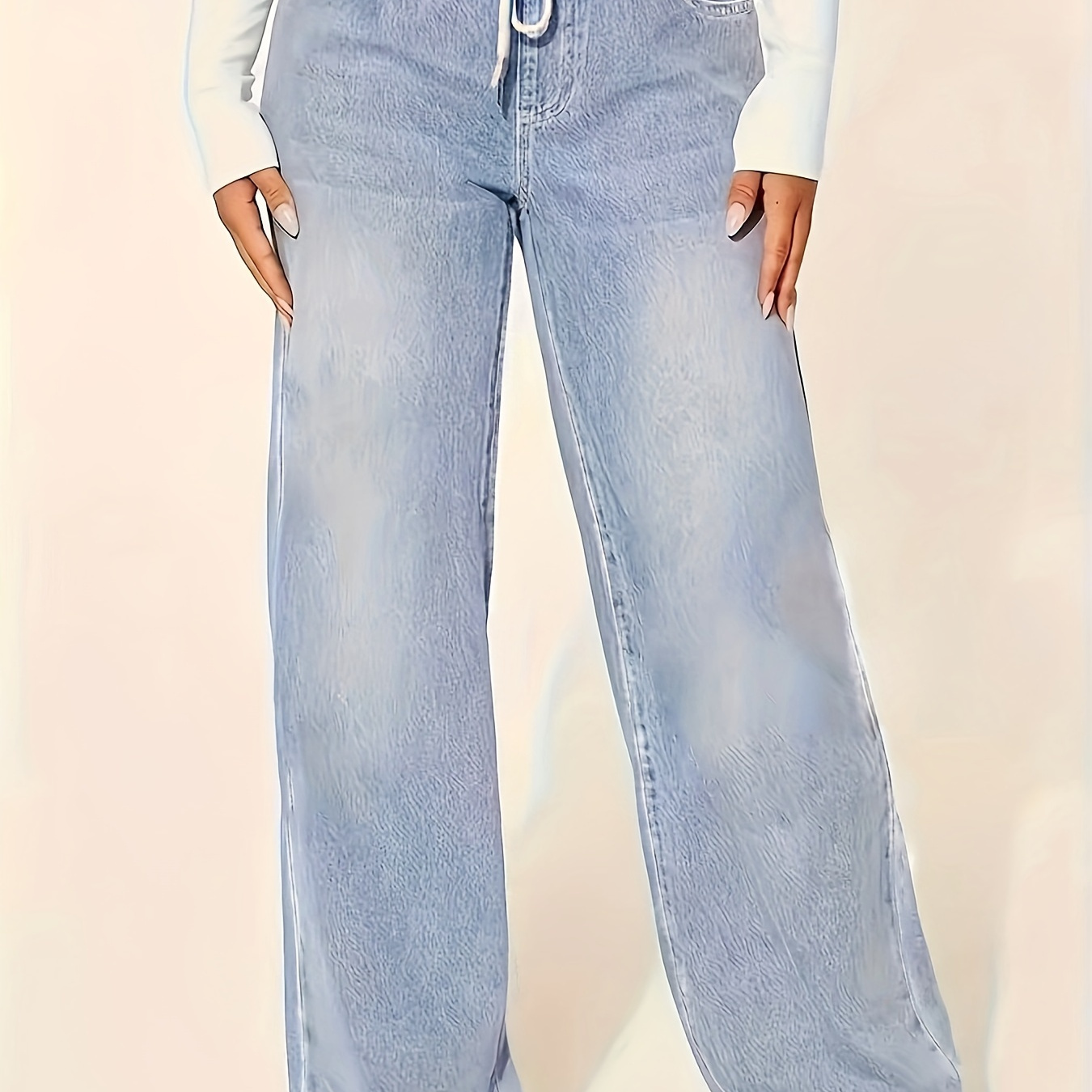 

Elegant Women's Denim Wide-leg Pants - Cotton, Polyester, Viscose Blend - Waterwashed Finish - Seasonless - No Stretch - Solid Color - Woven Fabric