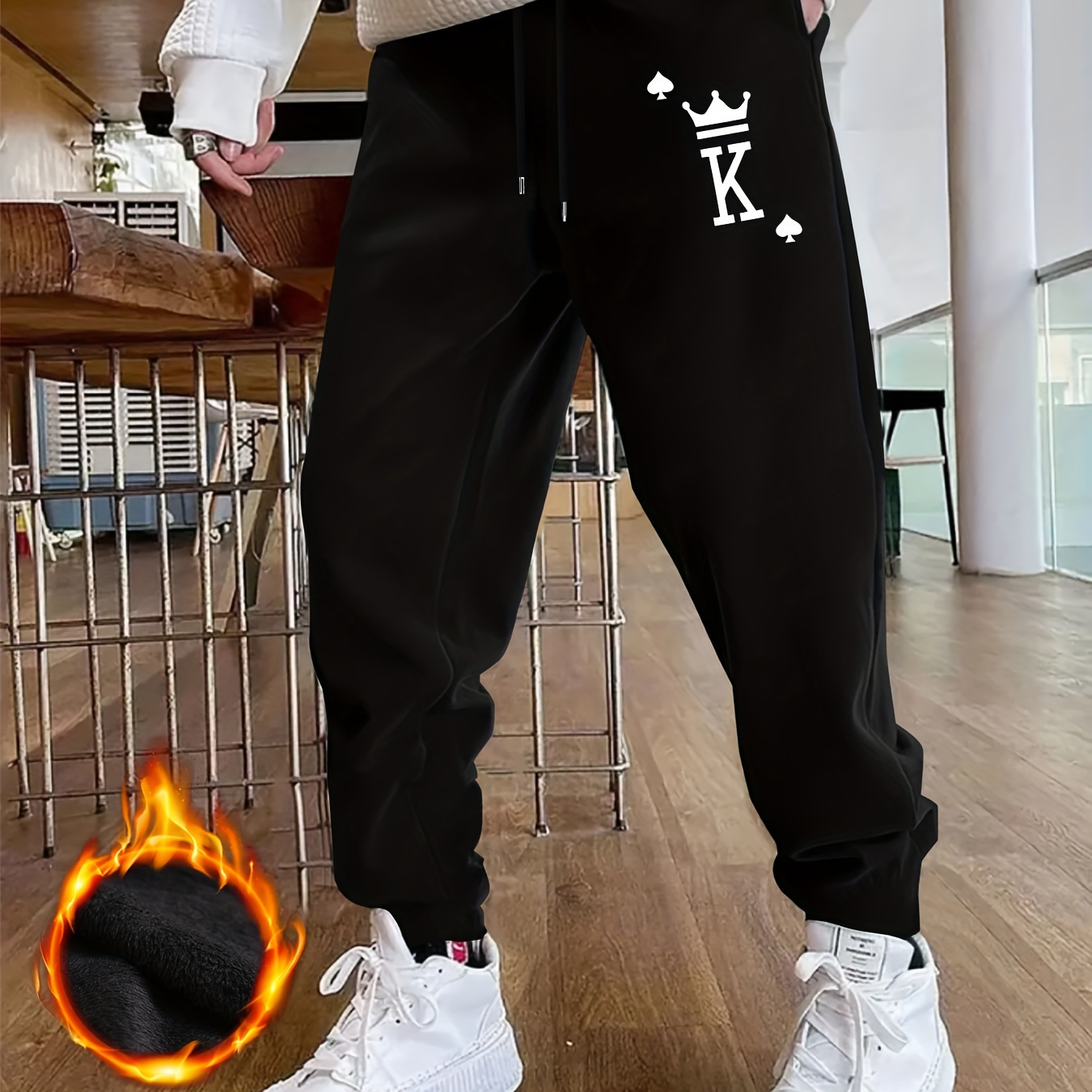 

King With Crown Poker Card Graphic Print, Men's Drawstring Sweatpants With Fleece, Casual Warm And Comfy Jogger Pants For Men