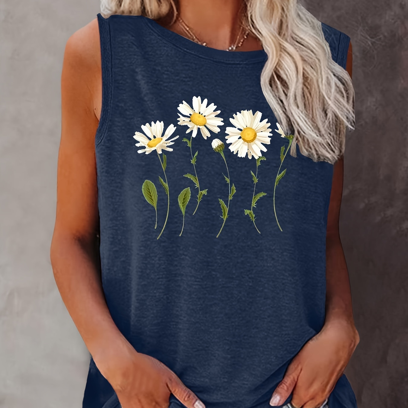 

Daisy Print Tank Top, Sleeveless Casual Top For Summer & Spring, Women's Clothing