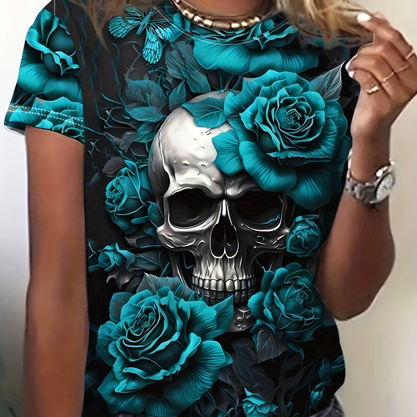 

Skull Head & Floral Neck T-shirt, Casual Short Sleeve T-shirt For , Women's Clothing